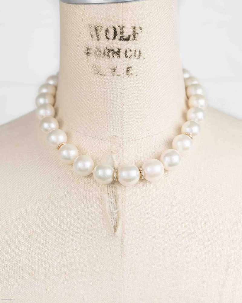 14k Gold & Diamond AAA Natural Freshwater 15mm White Pearl Necklace