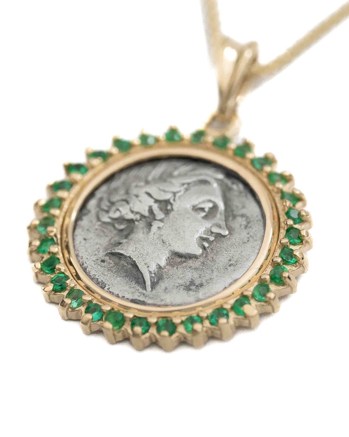 14k Gold & Emerald Genuine Ancient Greek Coin Necklace (Persephone; 340-330 B.C.)