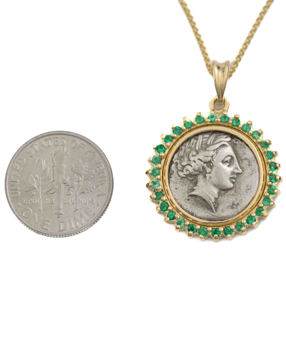 14k Gold & Emerald Genuine Ancient Greek Coin Necklace (Persephone; 340-330 B.C.)