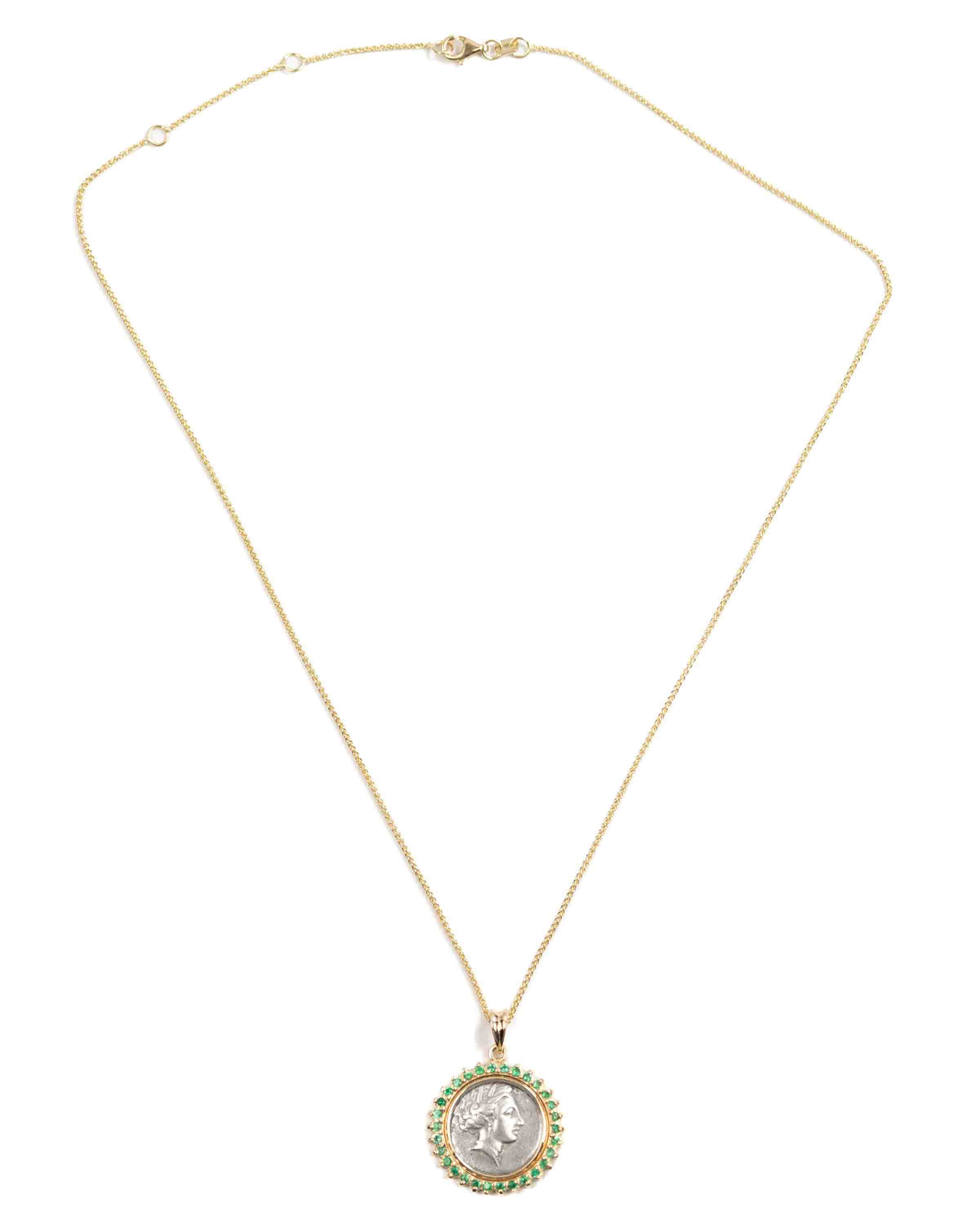 14k Gold & Emerald Genuine Ancient Greek Coin Necklace (Persephone; 340-330 B.C.)