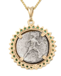 14k Gold & Emerald Genuine Ancient Greek Coin Necklace (Persephone; 340-330 B.C.)
