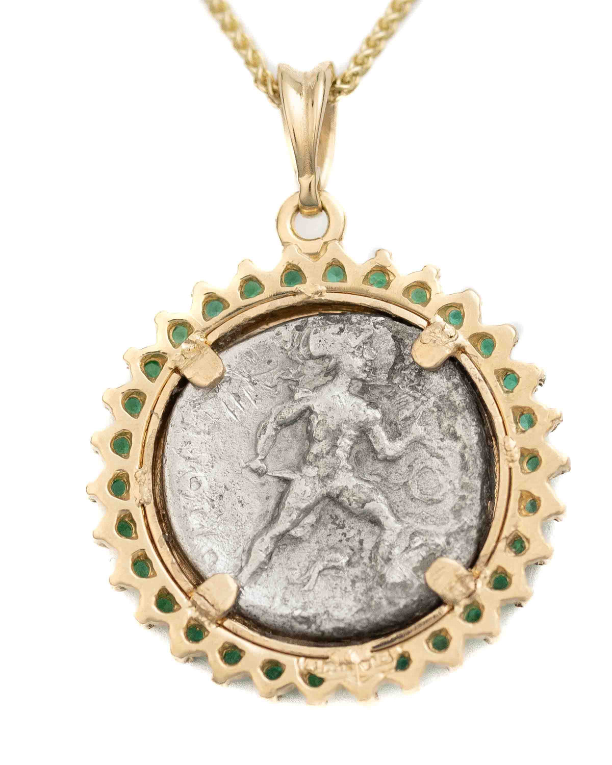14k Gold & Emerald Genuine Ancient Greek Coin Necklace (Persephone; 340-330 B.C.)