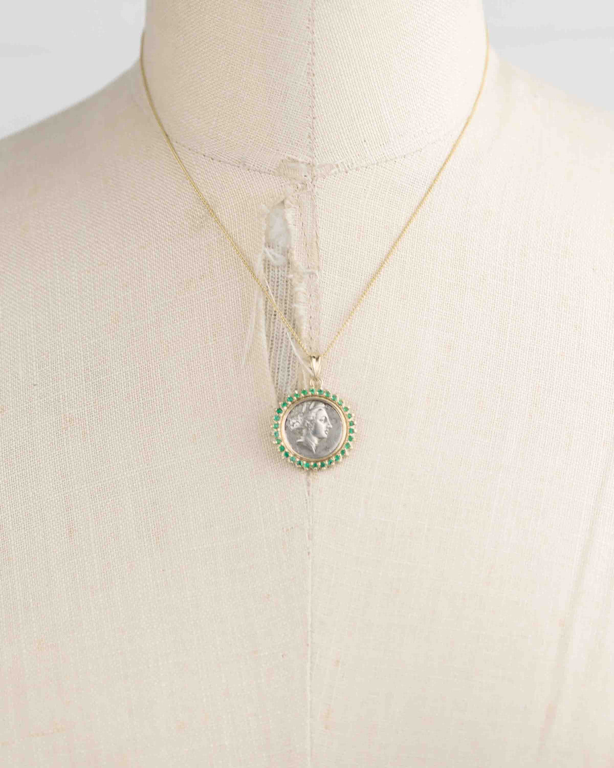 14k Gold & Emerald Genuine Ancient Greek Coin Necklace (Persephone; 340-330 B.C.)