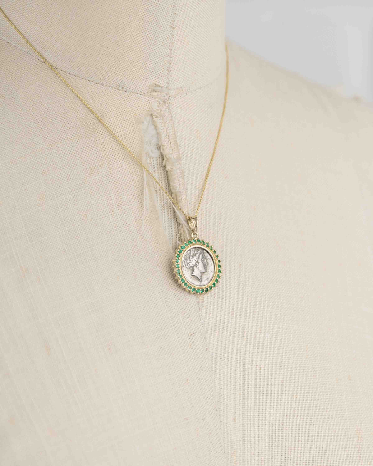 14k Gold & Emerald Genuine Ancient Greek Coin Necklace (Persephone; 340-330 B.C.)