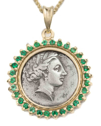 14k Gold & Emerald Genuine Ancient Greek Coin Necklace (Persephone; 340-330 B.C.)