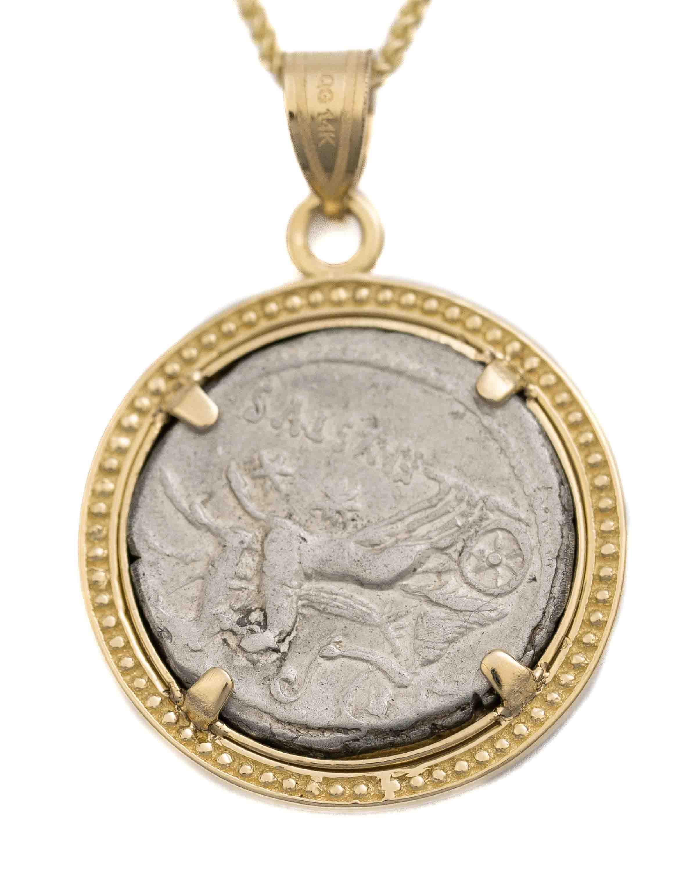 14k Gold Genuine Ancient Roman Coin Necklace (Hercules; 56 B.C.)