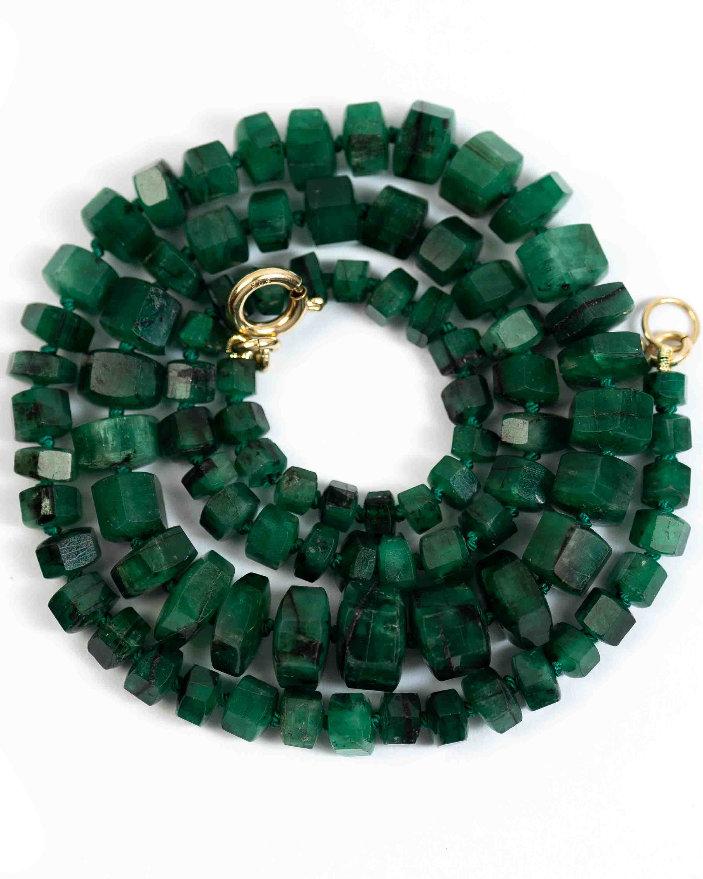 14k Gold Large Natural Brazilian Emerald Nugget Hand-Knotted Necklace