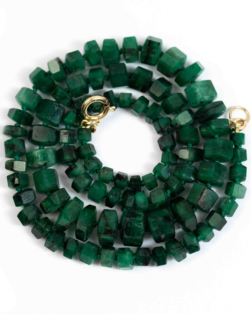 14k Gold Large Natural Brazilian Emerald Nugget Hand-Knotted Necklace