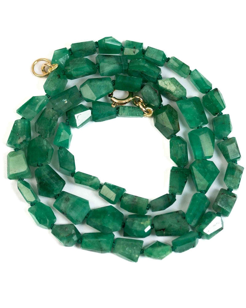 14k Gold Natural Brazilian Emerald Light Green Knotted Necklace
