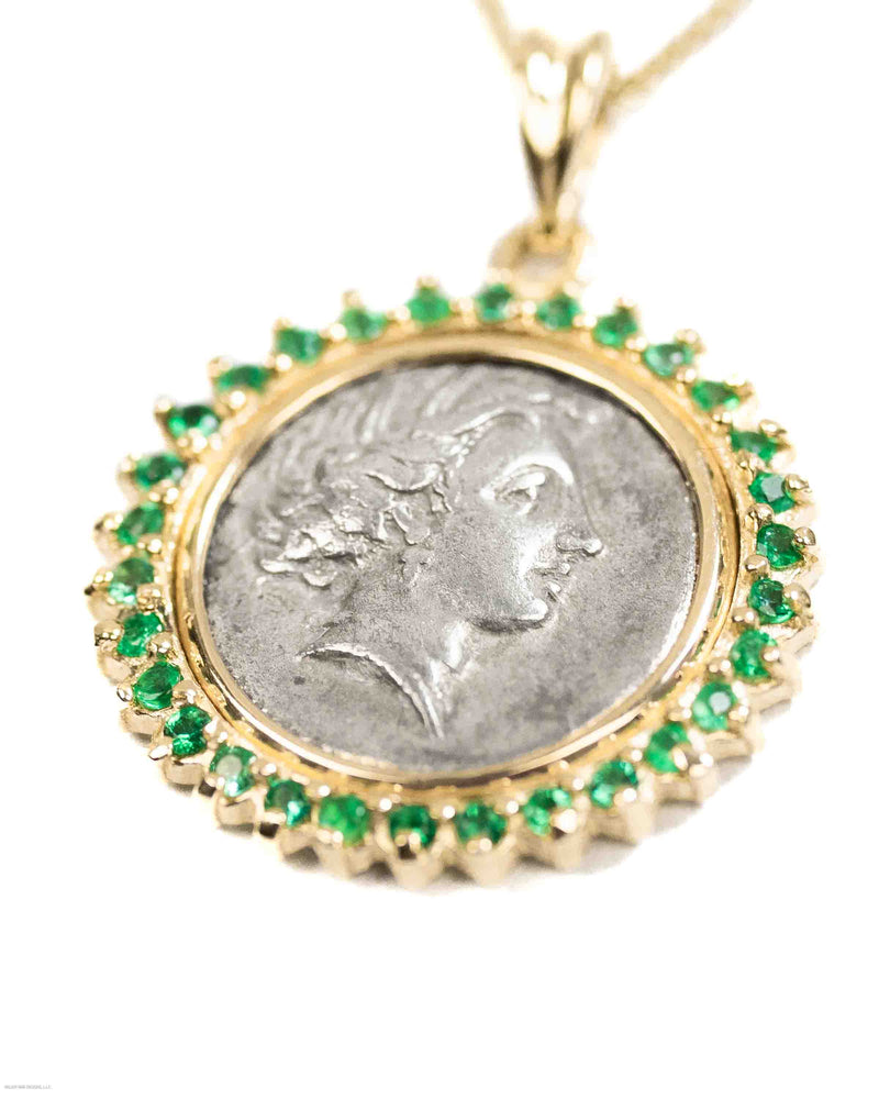 14k Gold & Emerald Genuine Ancient Greek Coin Necklace (Persephone; 340-330 B.C.)
