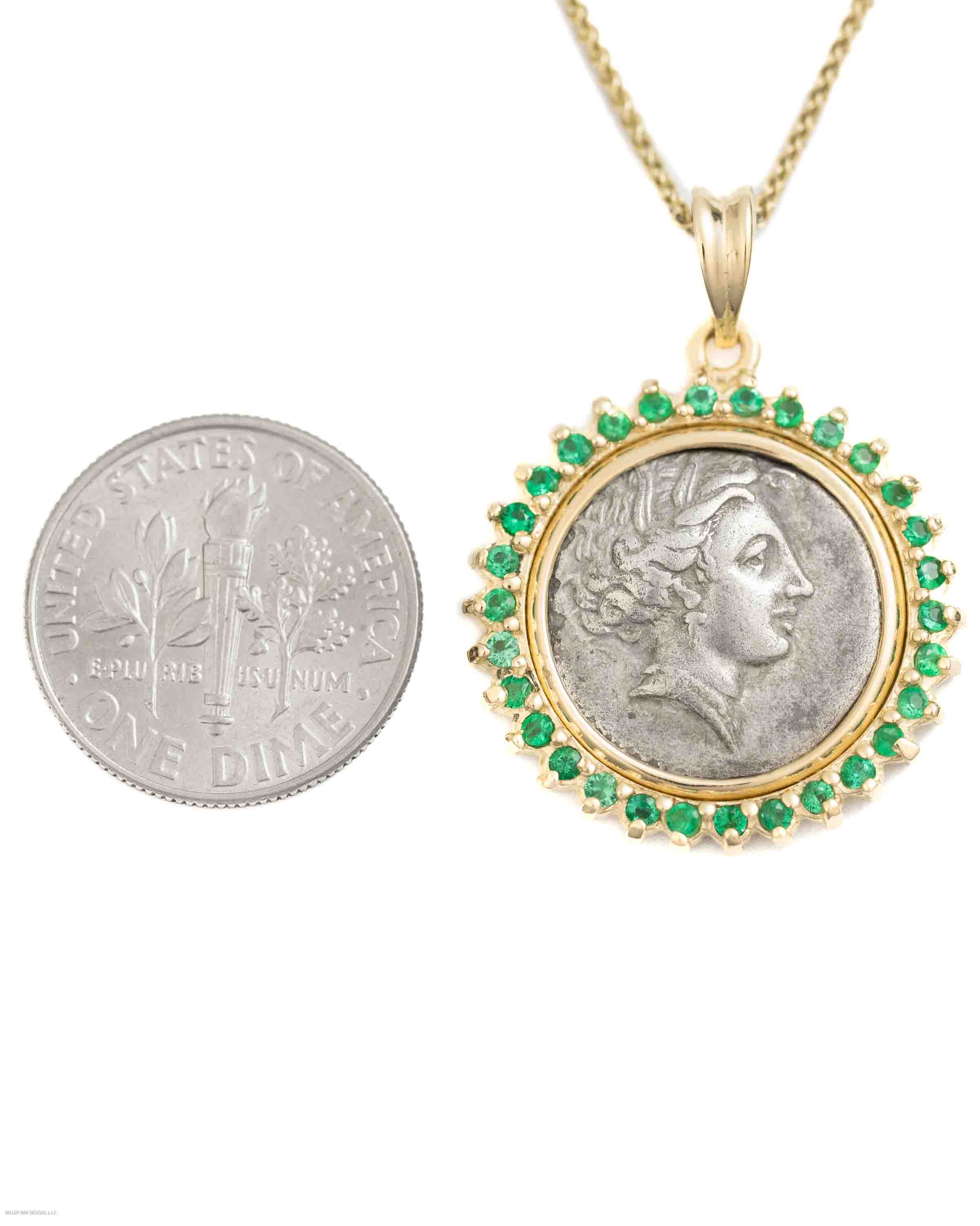 14k Gold & Emerald Genuine Ancient Greek Coin Necklace (Persephone; 340-330 B.C.)