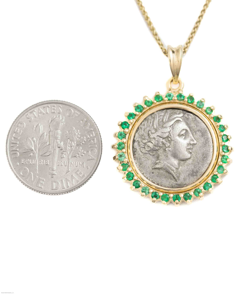 14k Gold & Emerald Genuine Ancient Greek Coin Necklace (Persephone; 340-330 B.C.)