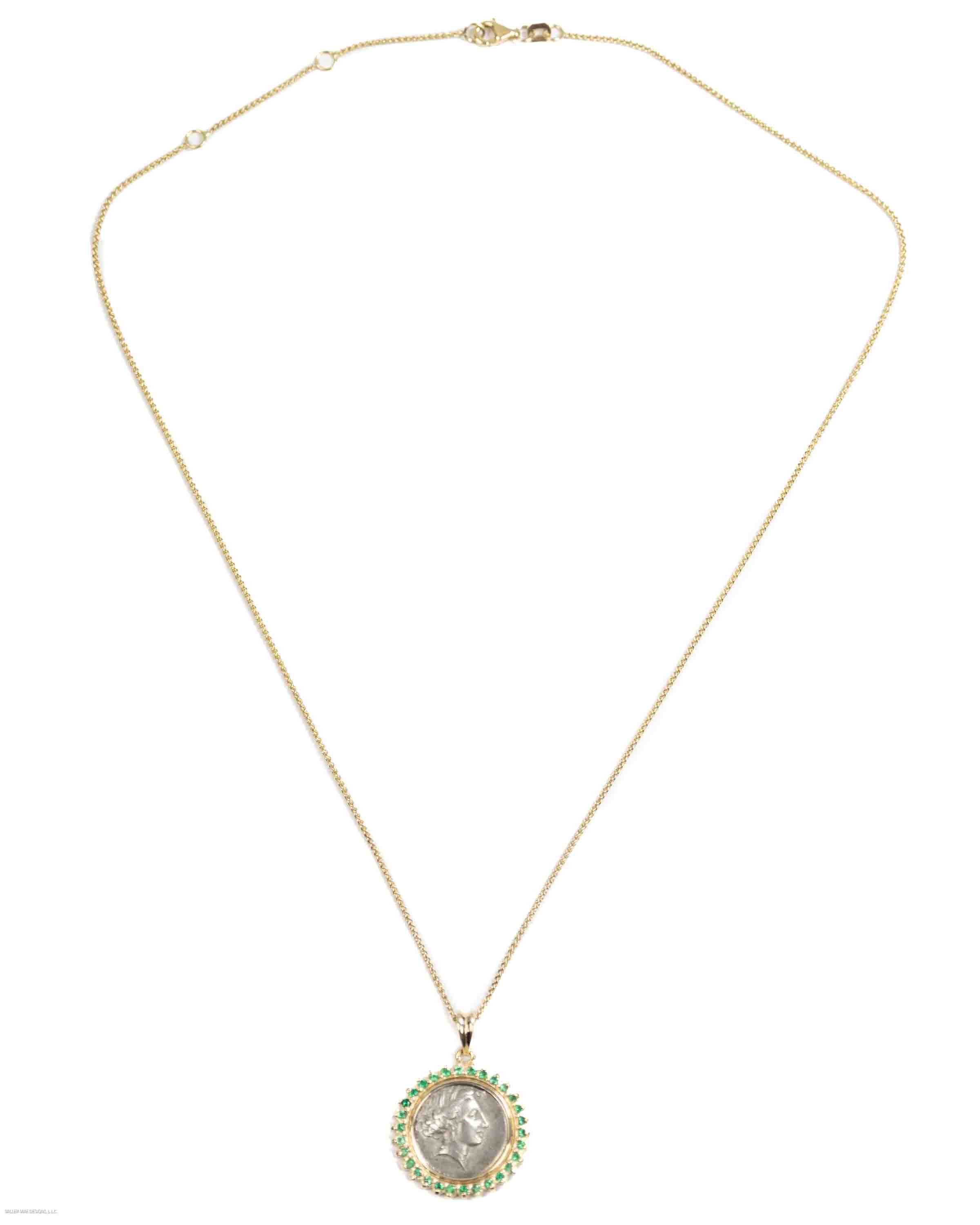 14k Gold & Emerald Genuine Ancient Greek Coin Necklace (Persephone; 340-330 B.C.)