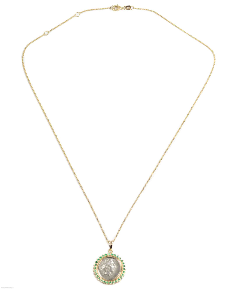 14k Gold & Emerald Genuine Ancient Greek Coin Necklace (Persephone; 340-330 B.C.)