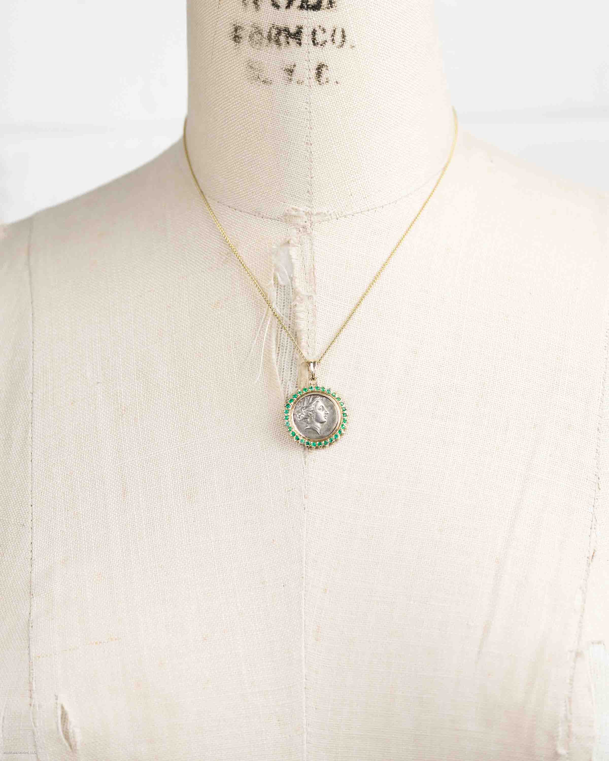 14k Gold & Emerald Genuine Ancient Greek Coin Necklace (Persephone; 340-330 B.C.)