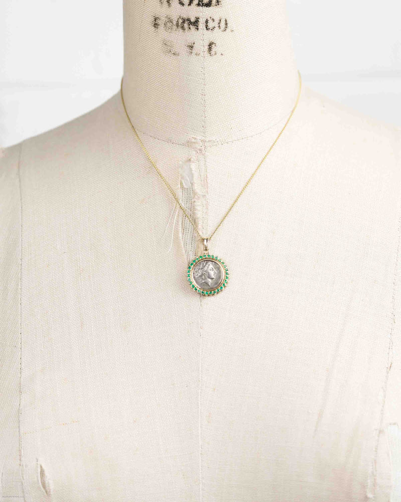 14k Gold & Emerald Genuine Ancient Greek Coin Necklace (Persephone; 340-330 B.C.)