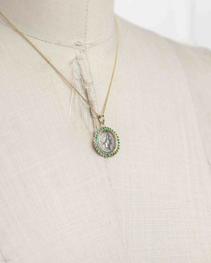 14k Gold & Emerald Genuine Ancient Greek Coin Necklace (Persephone; 340-330 B.C.)
