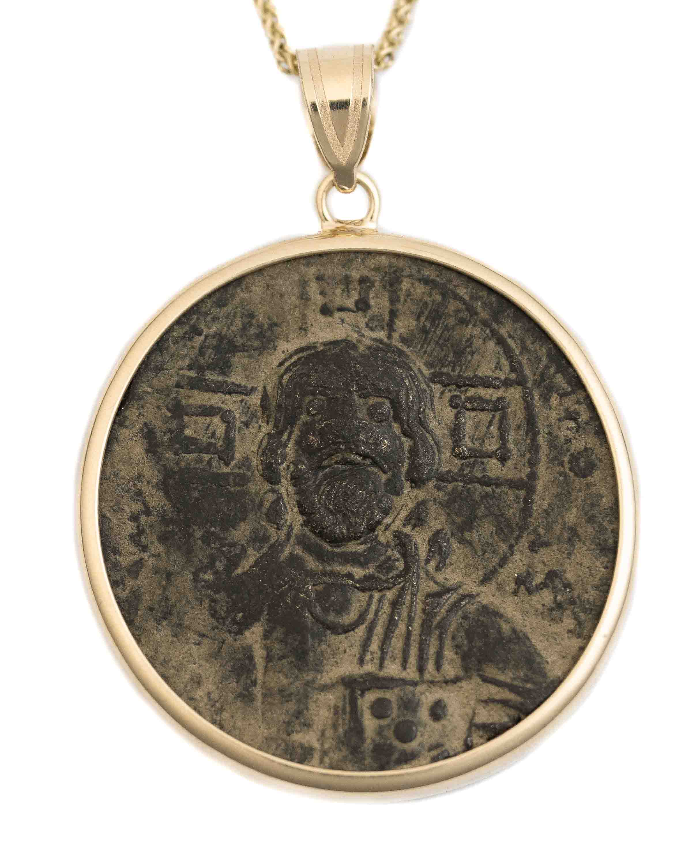 14k Gold Genuine Ancient Byzantine Coin Necklace (Christ, King of Kings; 976-1025 A.D.)