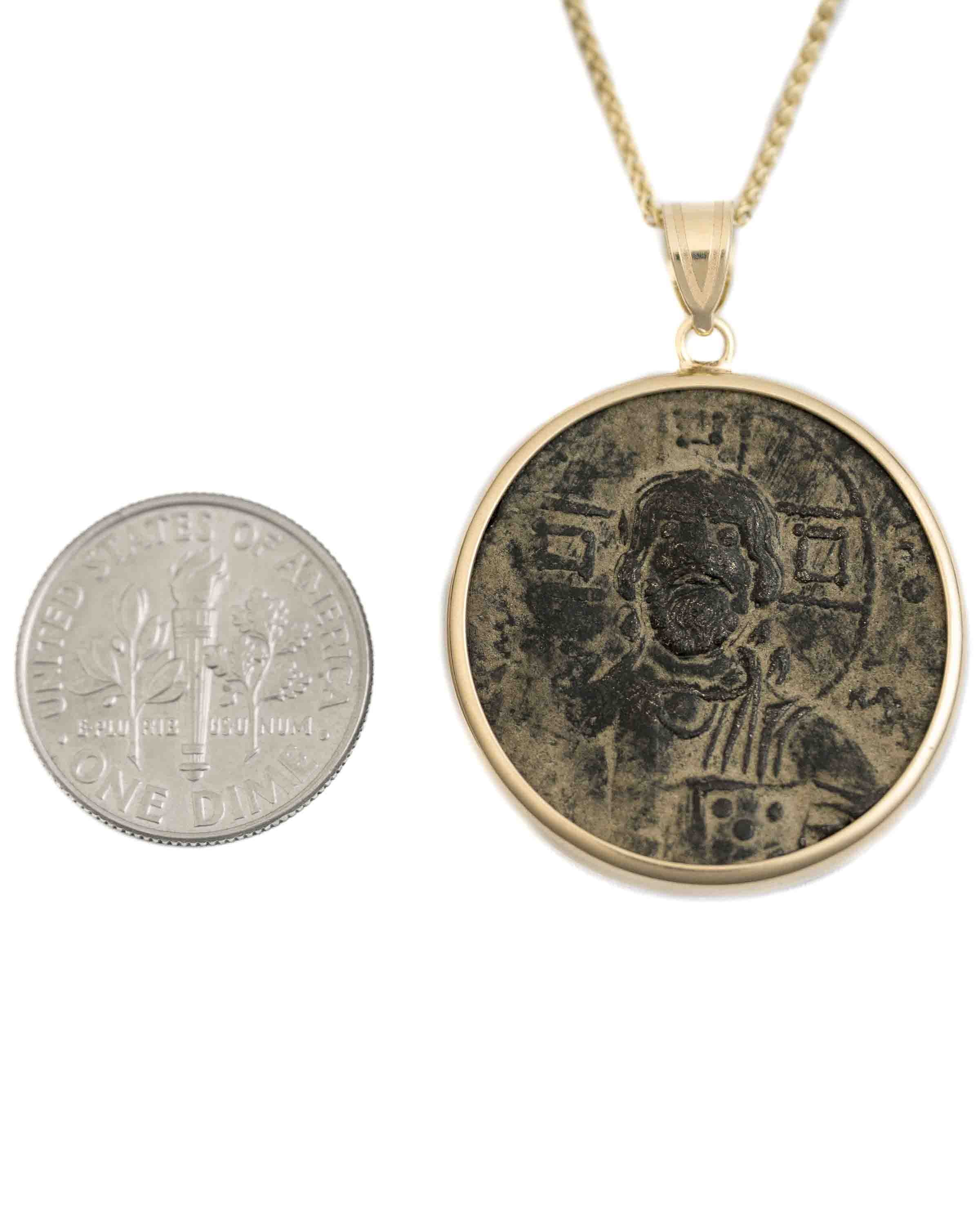 14k Gold Genuine Ancient Byzantine Coin Necklace (Christ, King of Kings; 976-1025 A.D.)