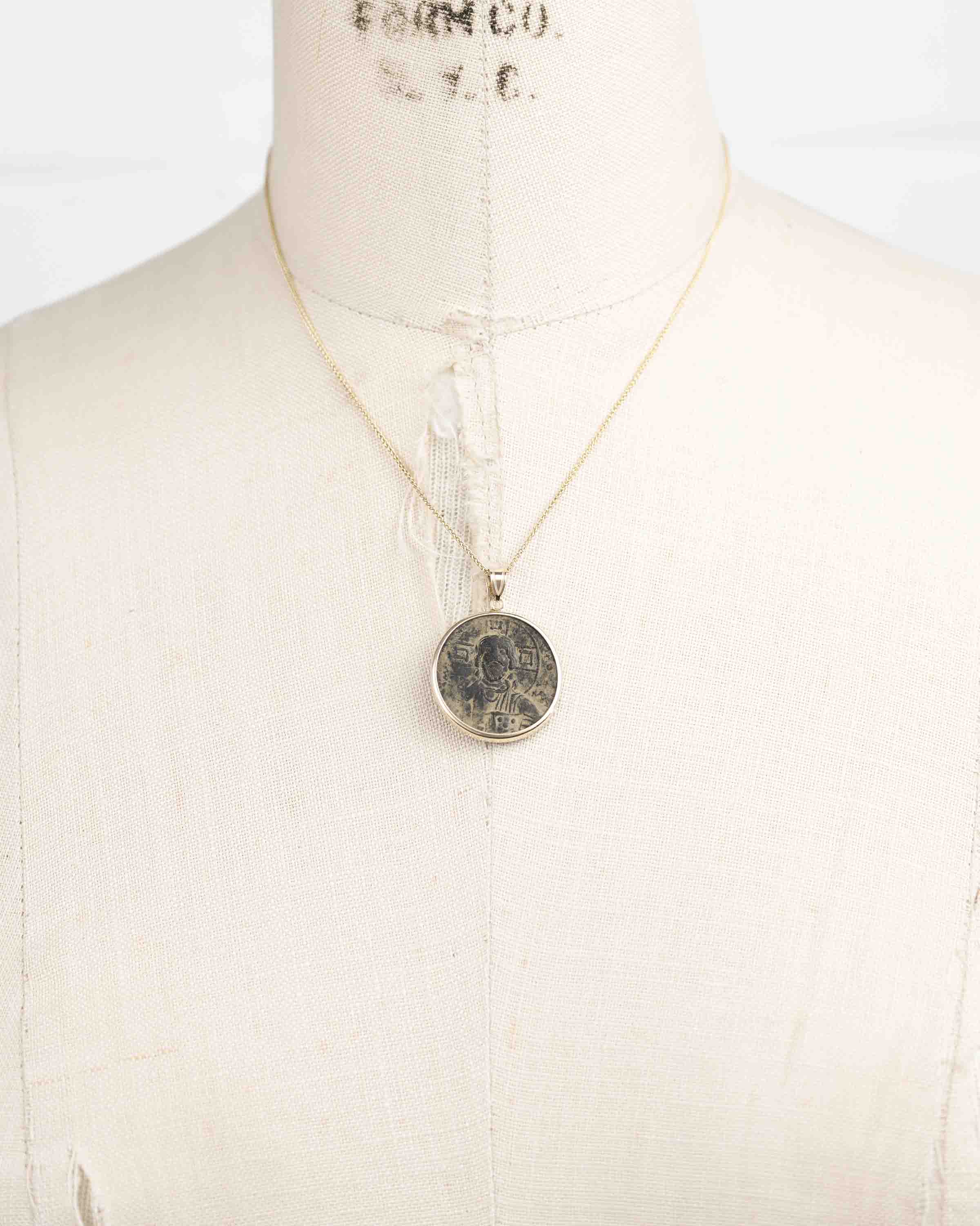 14k Gold Genuine Ancient Byzantine Coin Necklace (Christ, King of Kings; 976-1025 A.D.)