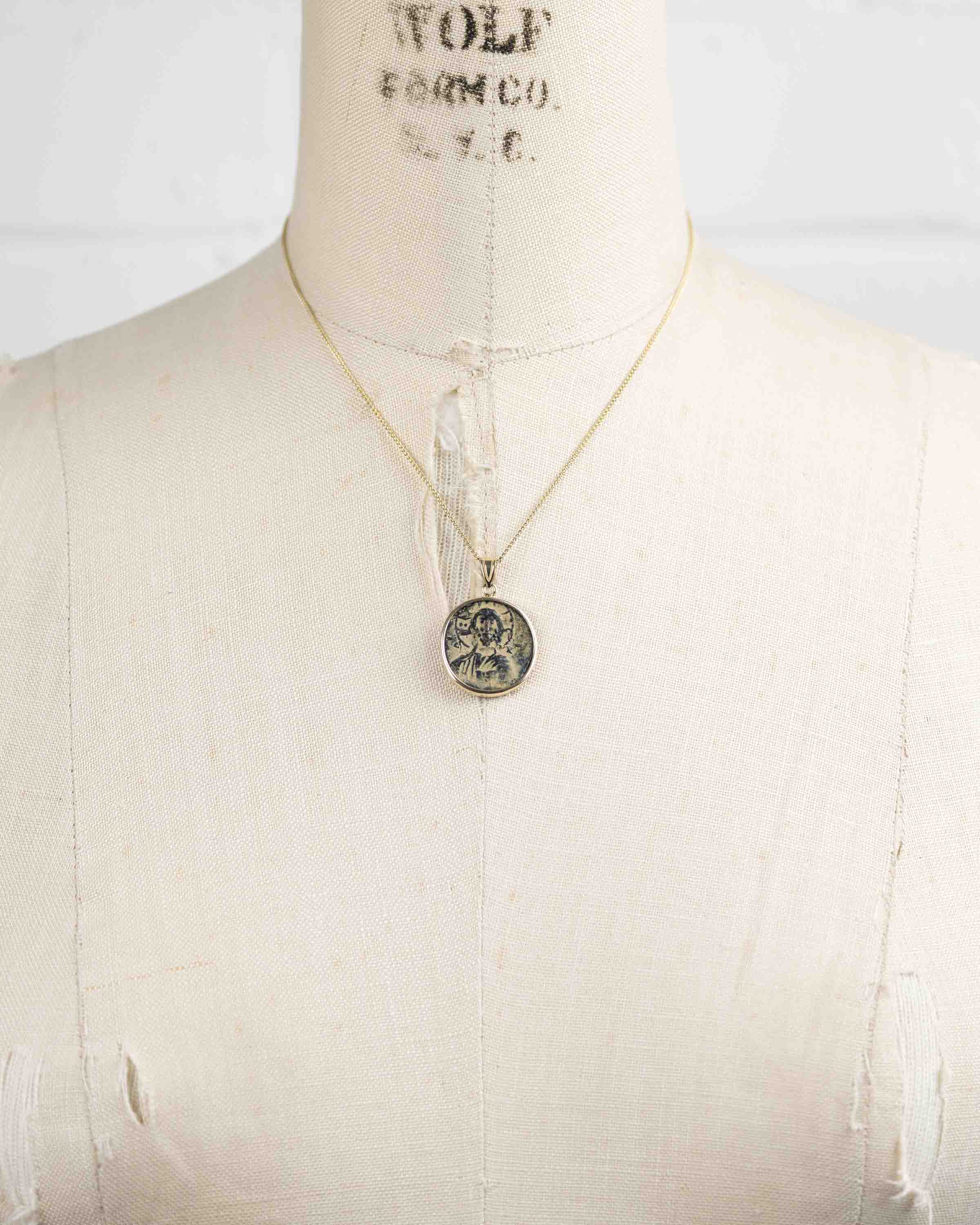 14k Gold Genuine Ancient Byzantine Coin Necklace (Christ, King of Kings; 976-1025 A.D.)