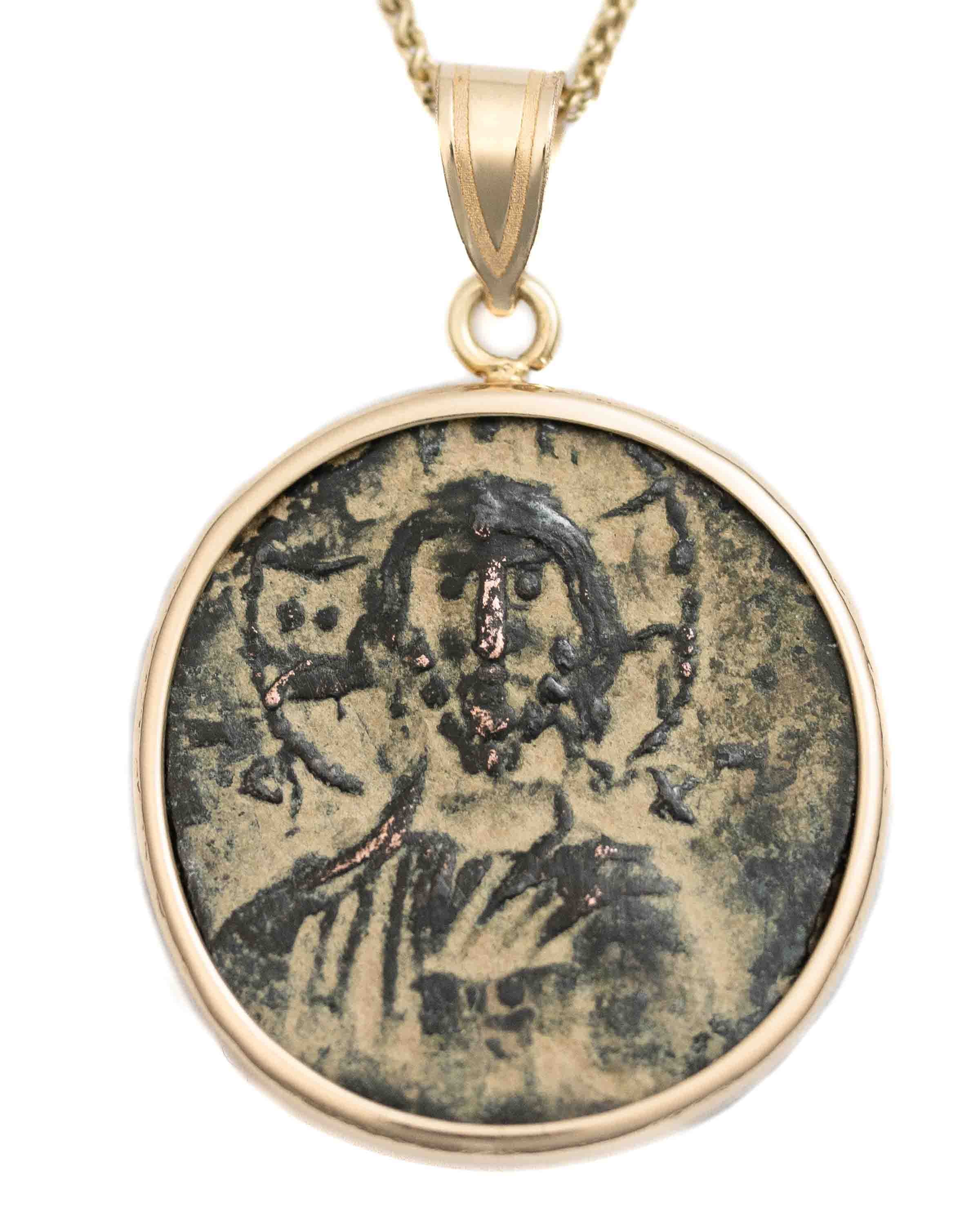 14k Gold Genuine Ancient Byzantine Coin Necklace (Christ, King of Kings; 976-1025 A.D.)