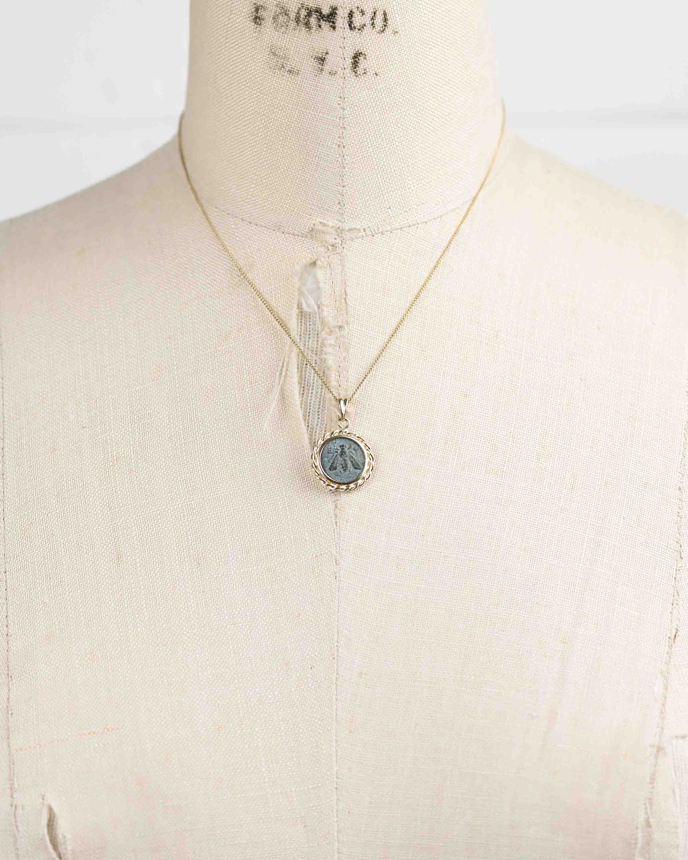 14k Gold Genuine Ancient Greek Coin Necklace (Artemis Bee; 390-300 B.C.)
