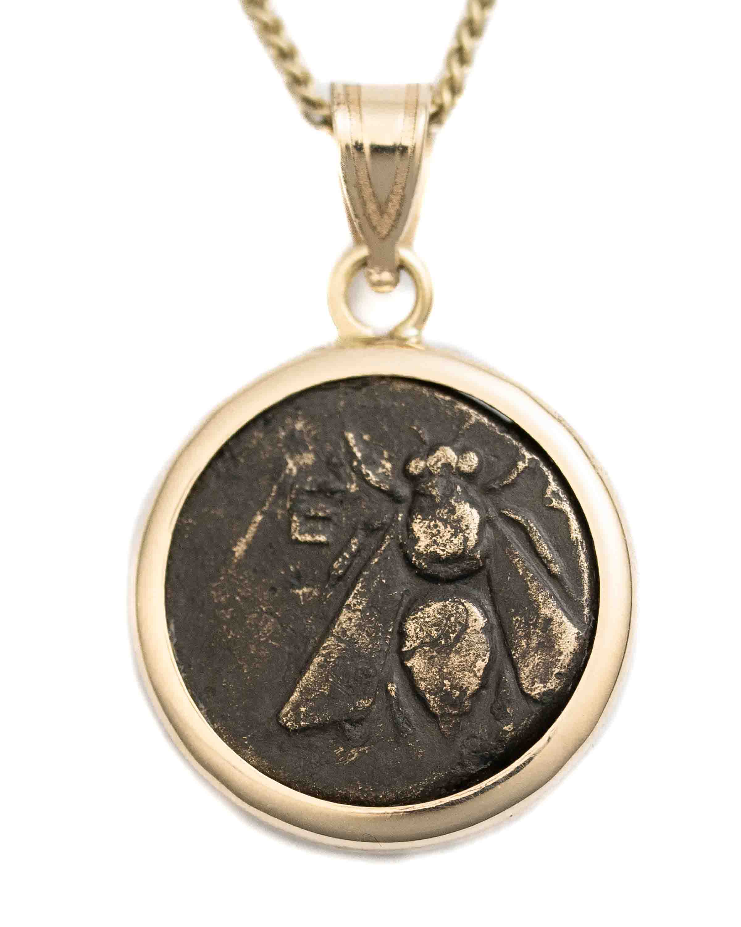 14k Gold Genuine Ancient Greek Coin Necklace (Artemis Bee; 390-300 B.C.)