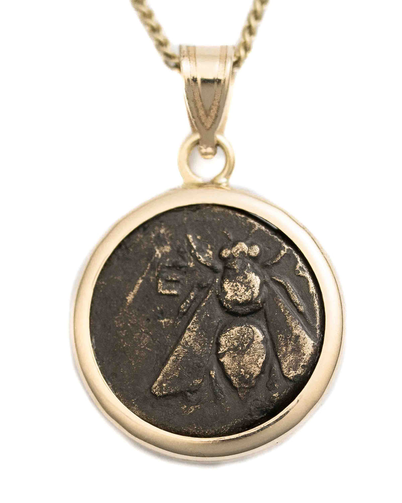 14k Gold Genuine Ancient Greek Coin Necklace (Artemis Bee; 390-300 B.C.)