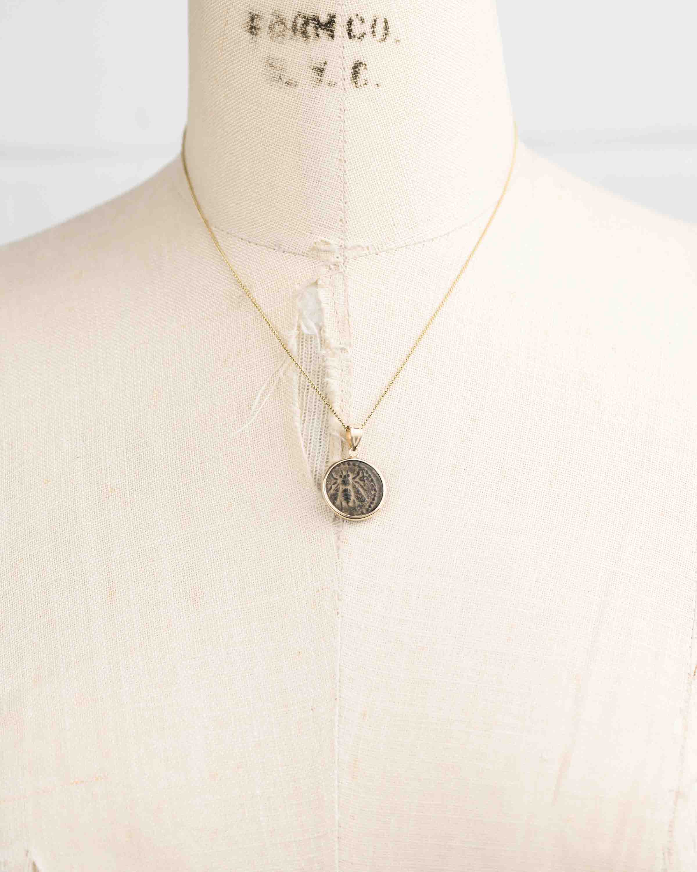14k Gold Genuine Ancient Greek Coin Necklace (Artemis Bee; 200 B.C.)