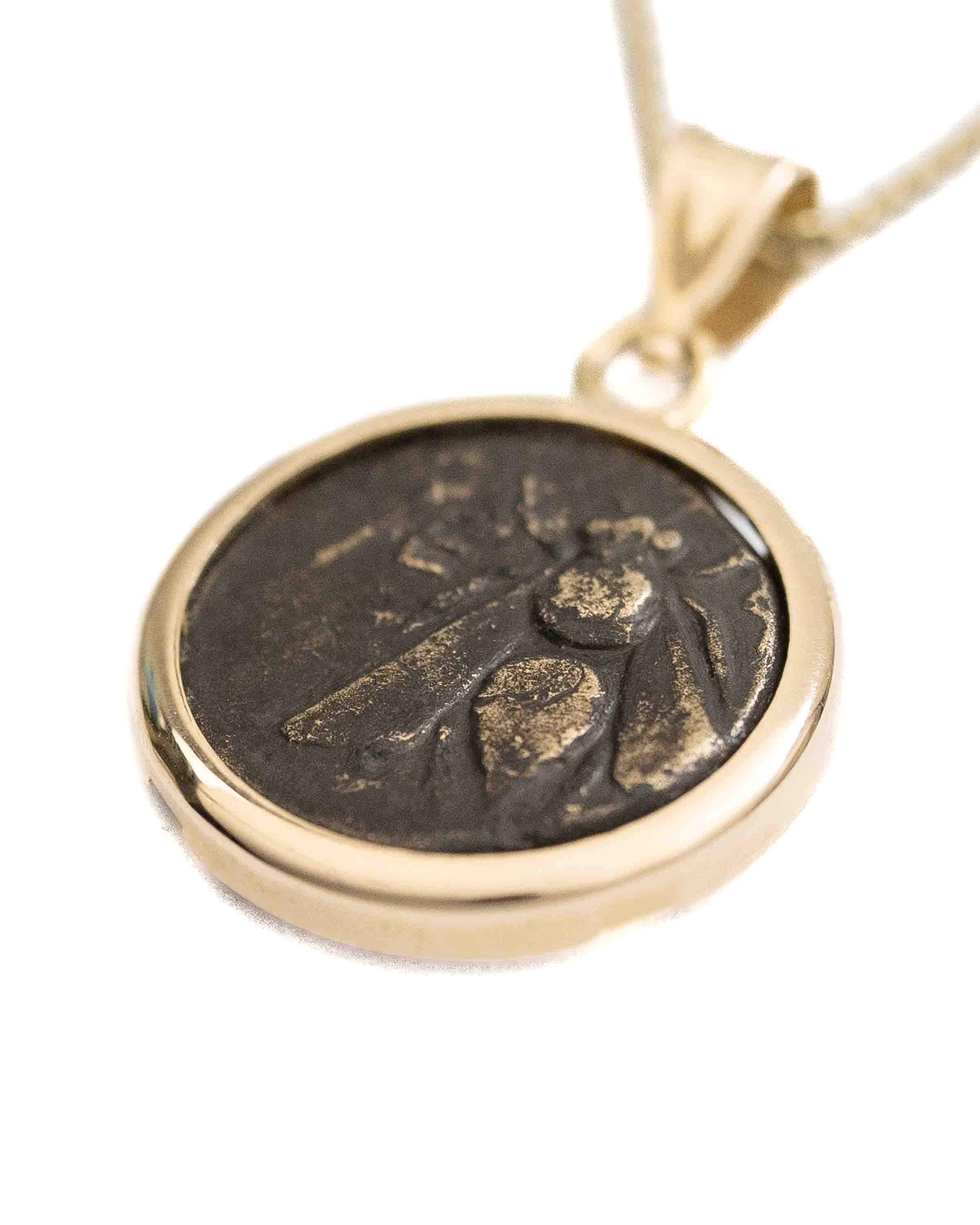 14k Gold Genuine Ancient Greek Coin Necklace (Artemis Bee; 390-300 B.C.)