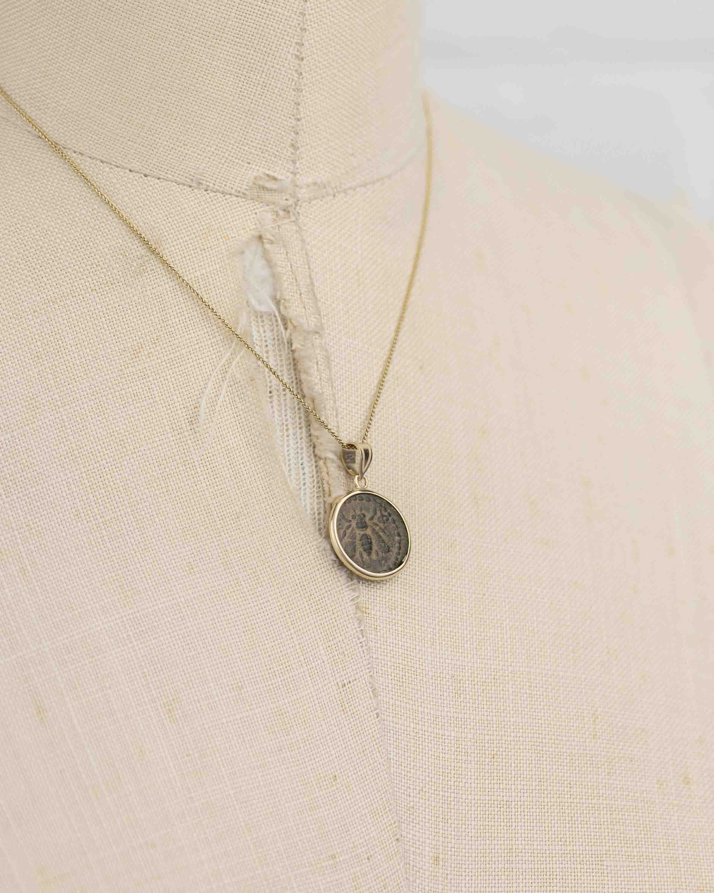 14k Gold Genuine Ancient Greek Coin Necklace (Artemis Bee; 200 B.C.)