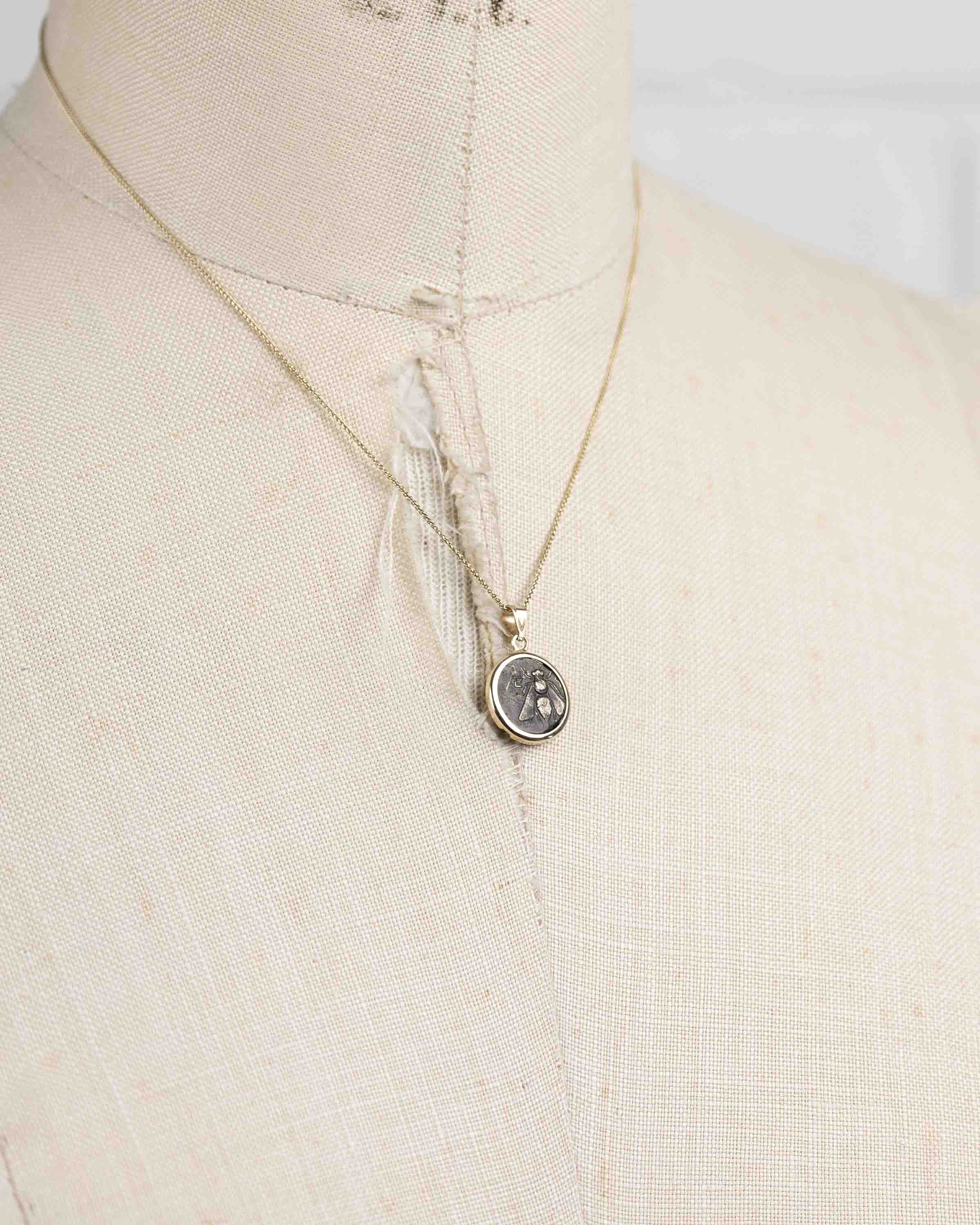 14k Gold Genuine Ancient Greek Coin Necklace (Artemis Bee; 390-300 B.C.)
