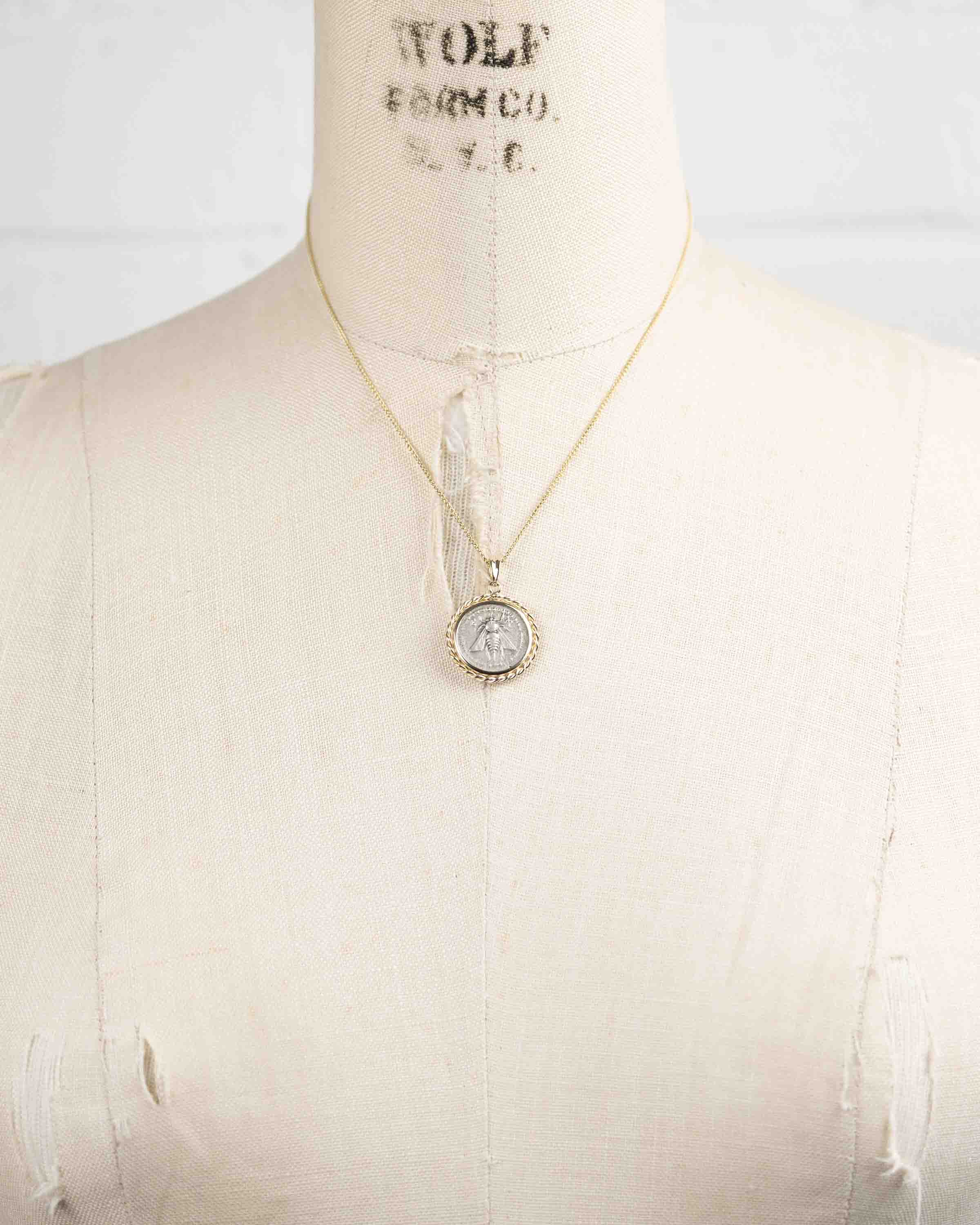 14k Gold Genuine Ancient Greek Coin Necklace (Artemis Bee; 202-150 B.C.)