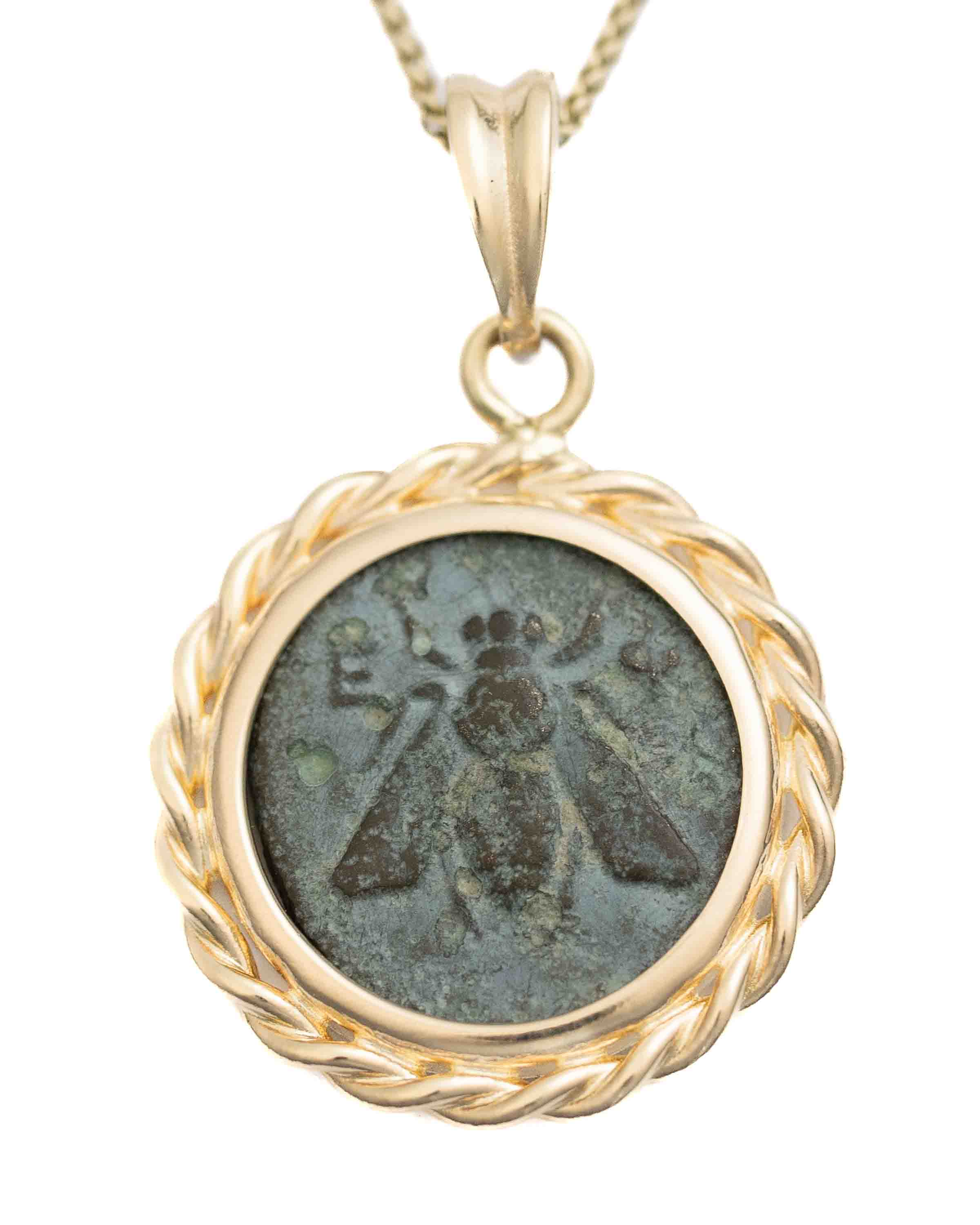 14k Gold Genuine Ancient Greek Coin Necklace (Artemis Bee; 390-300 B.C.)