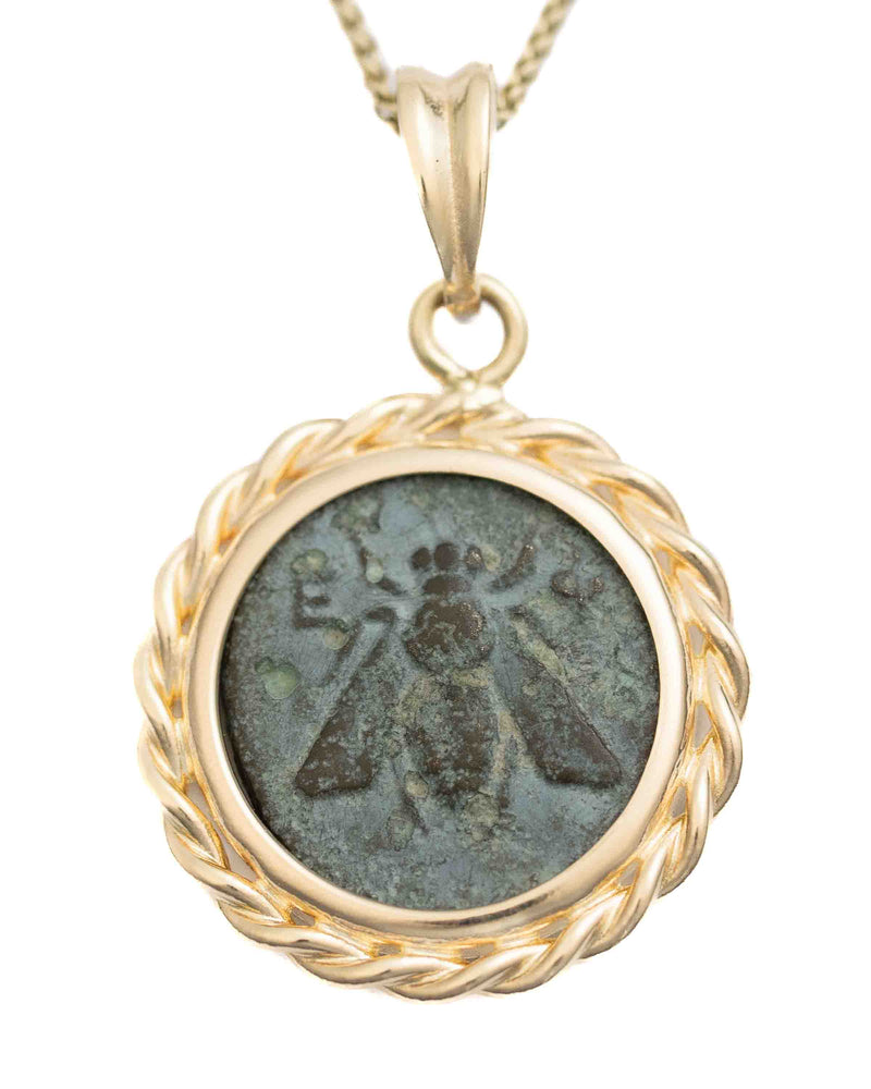 14k Gold Genuine Ancient Greek Coin Necklace (Artemis Bee; 390-300 B.C.)