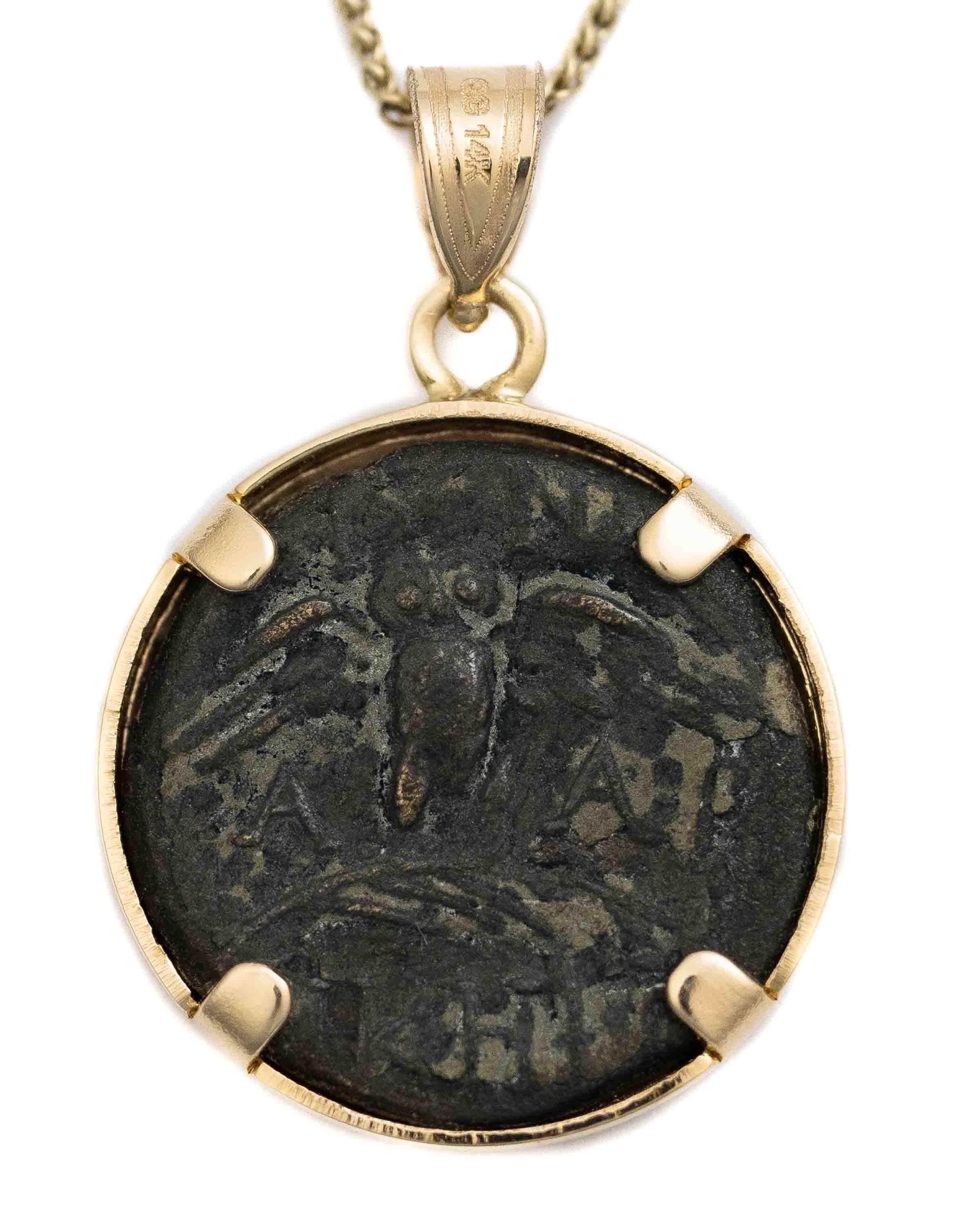 14k Gold Genuine Ancient Greek Coin Necklace (Athena/Owl; 200-133 B.C.)