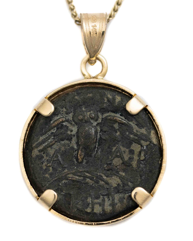 14k Gold Genuine Ancient Greek Coin Necklace (Athena/Owl; 200-133 B.C.)