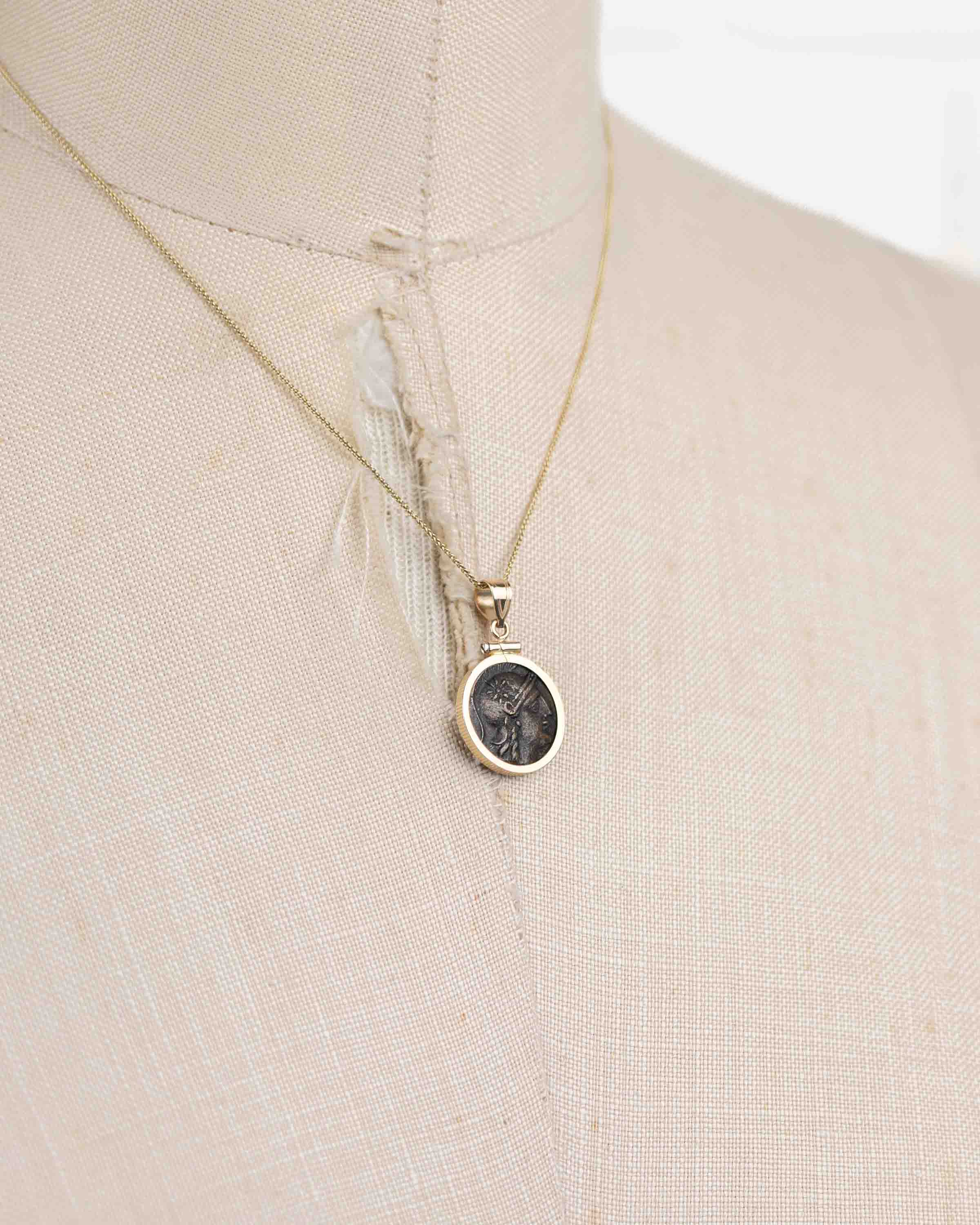 14k Gold Genuine Ancient Greek Coin Necklace (Athena/Owl; 200-133 B.C.)