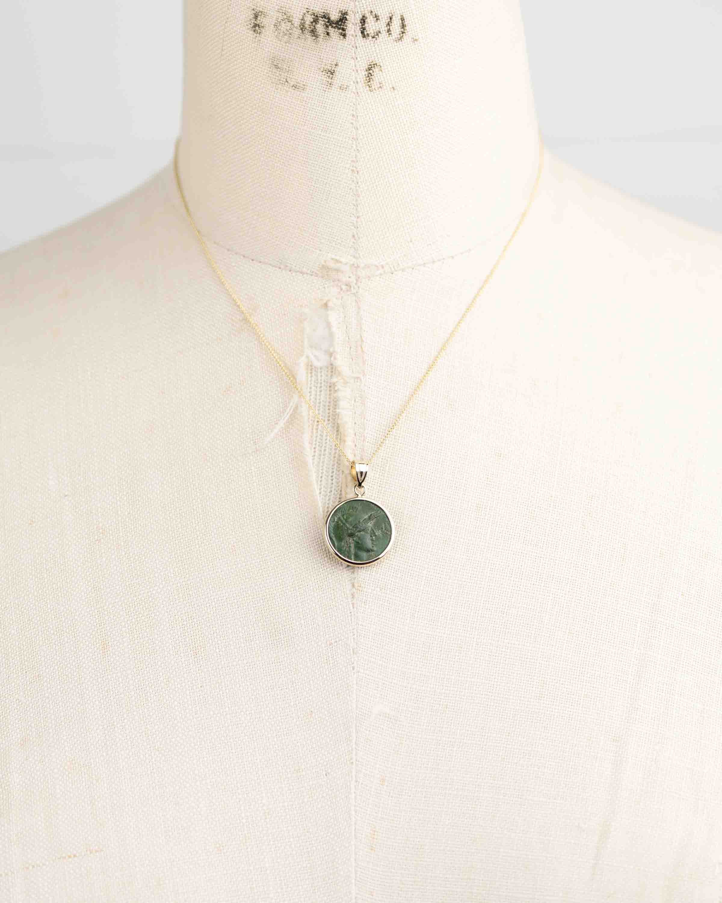 14k Gold Genuine Ancient Greek Coin Necklace (Athena/Owl; 200-133 B.C.)