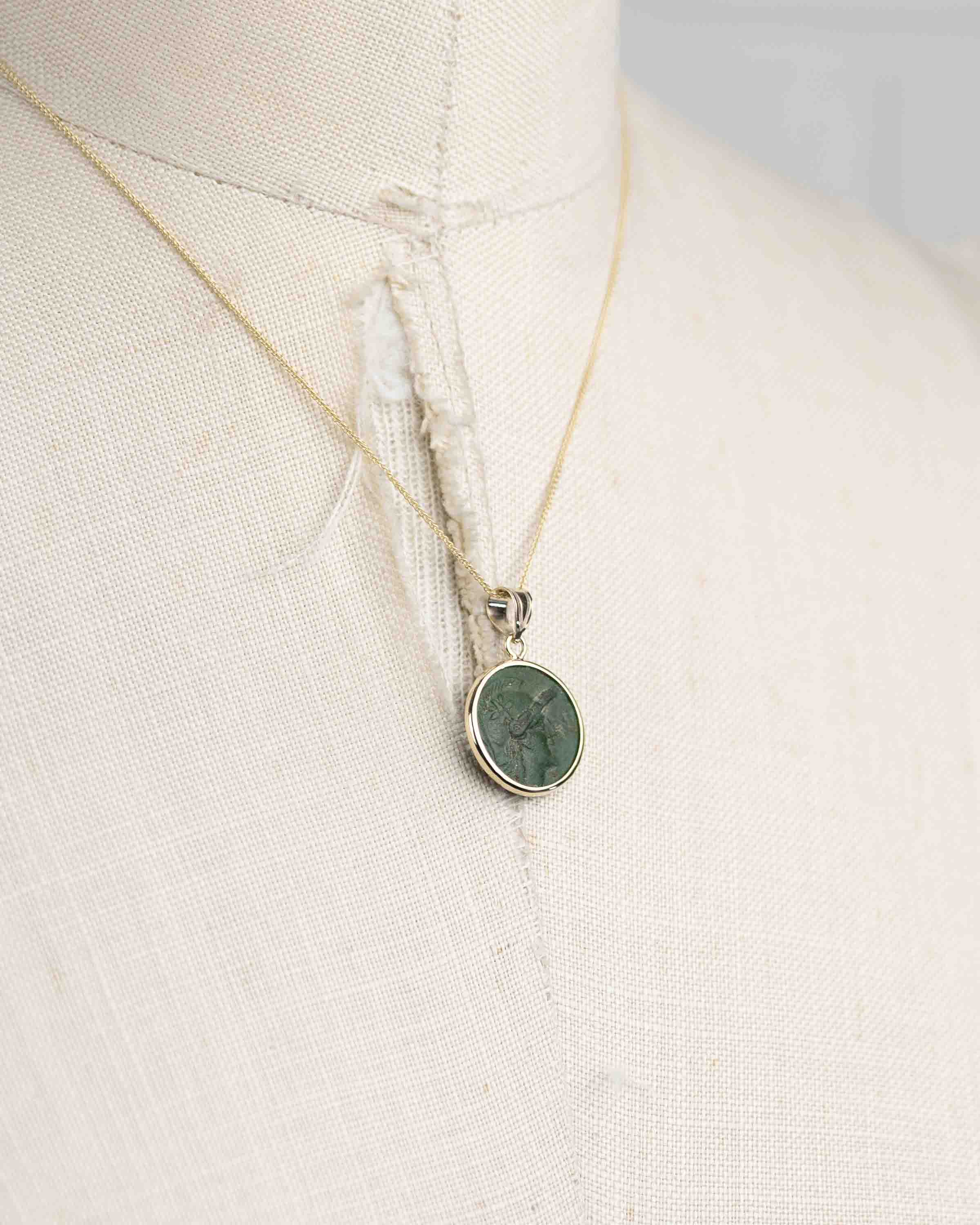 14k Gold Genuine Ancient Greek Coin Necklace (Athena/Owl; 200-133 B.C.)