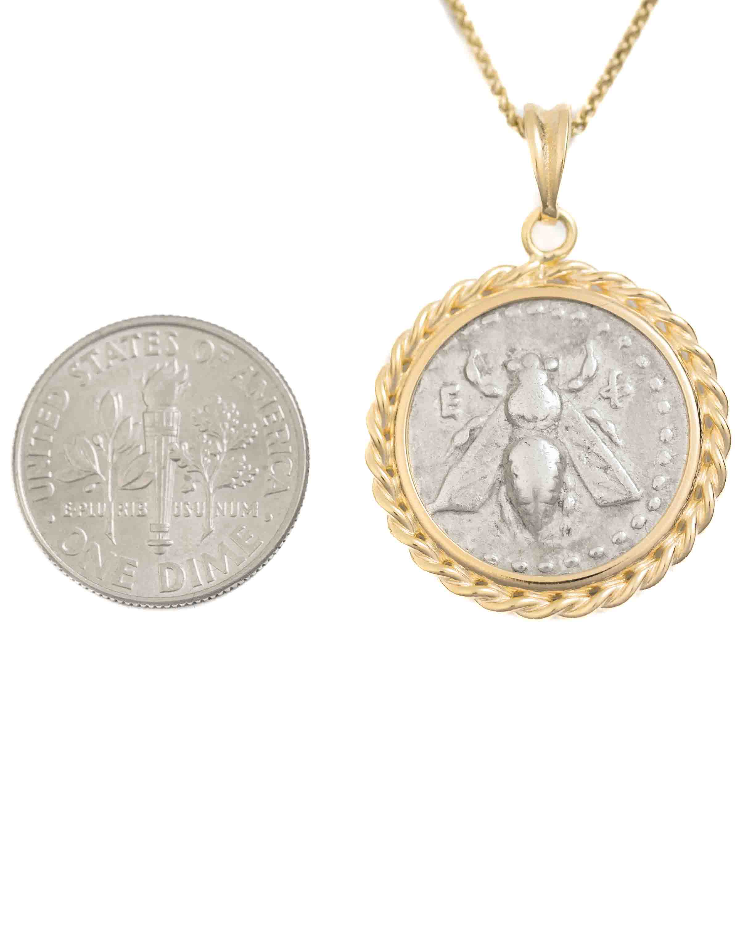 14k Gold Genuine Ancient Greek Coin Necklace (Artemis Bee; 202-150 B.C.)