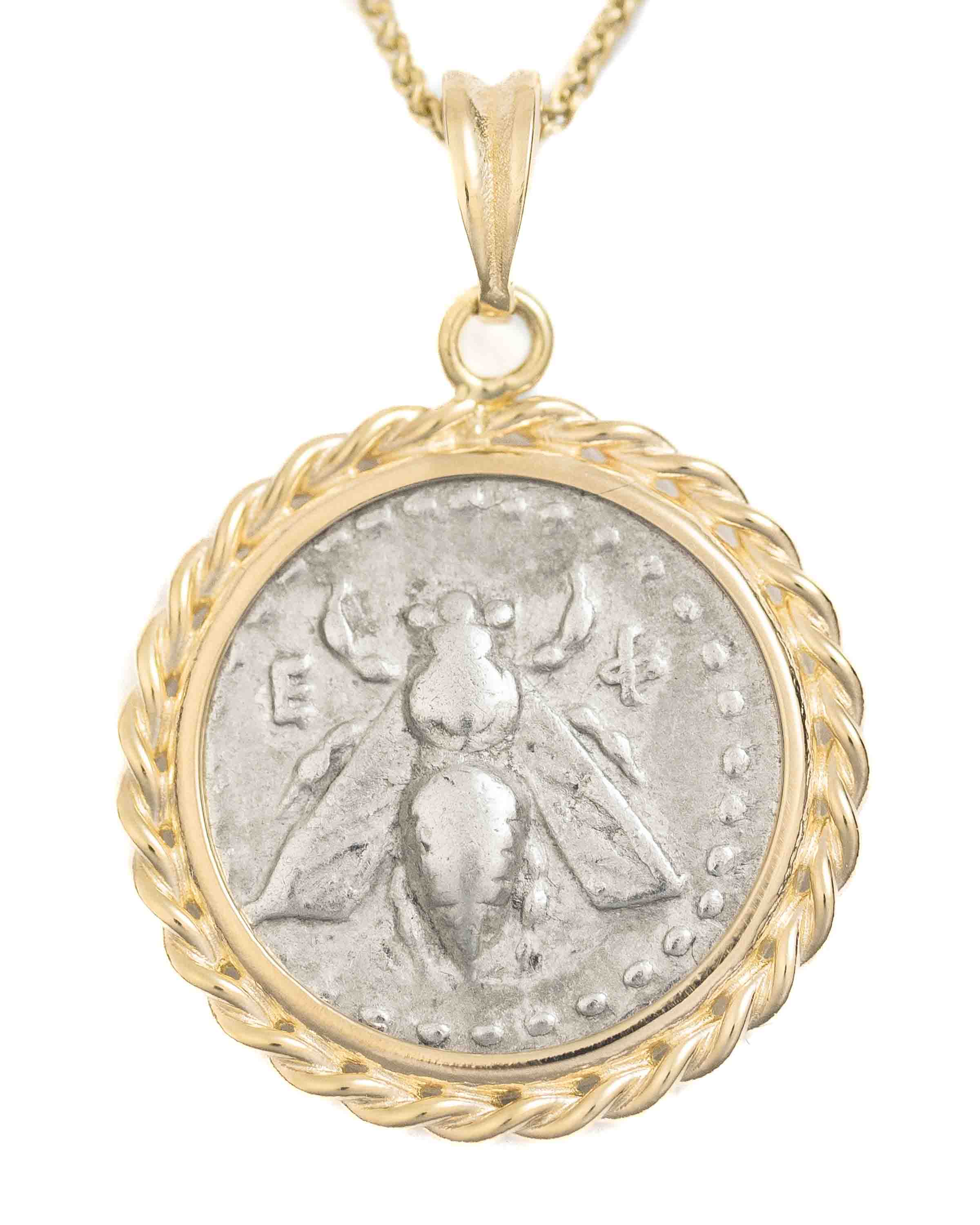 14k Gold Genuine Ancient Greek Coin Necklace (Artemis Bee; 202-150 B.C.)