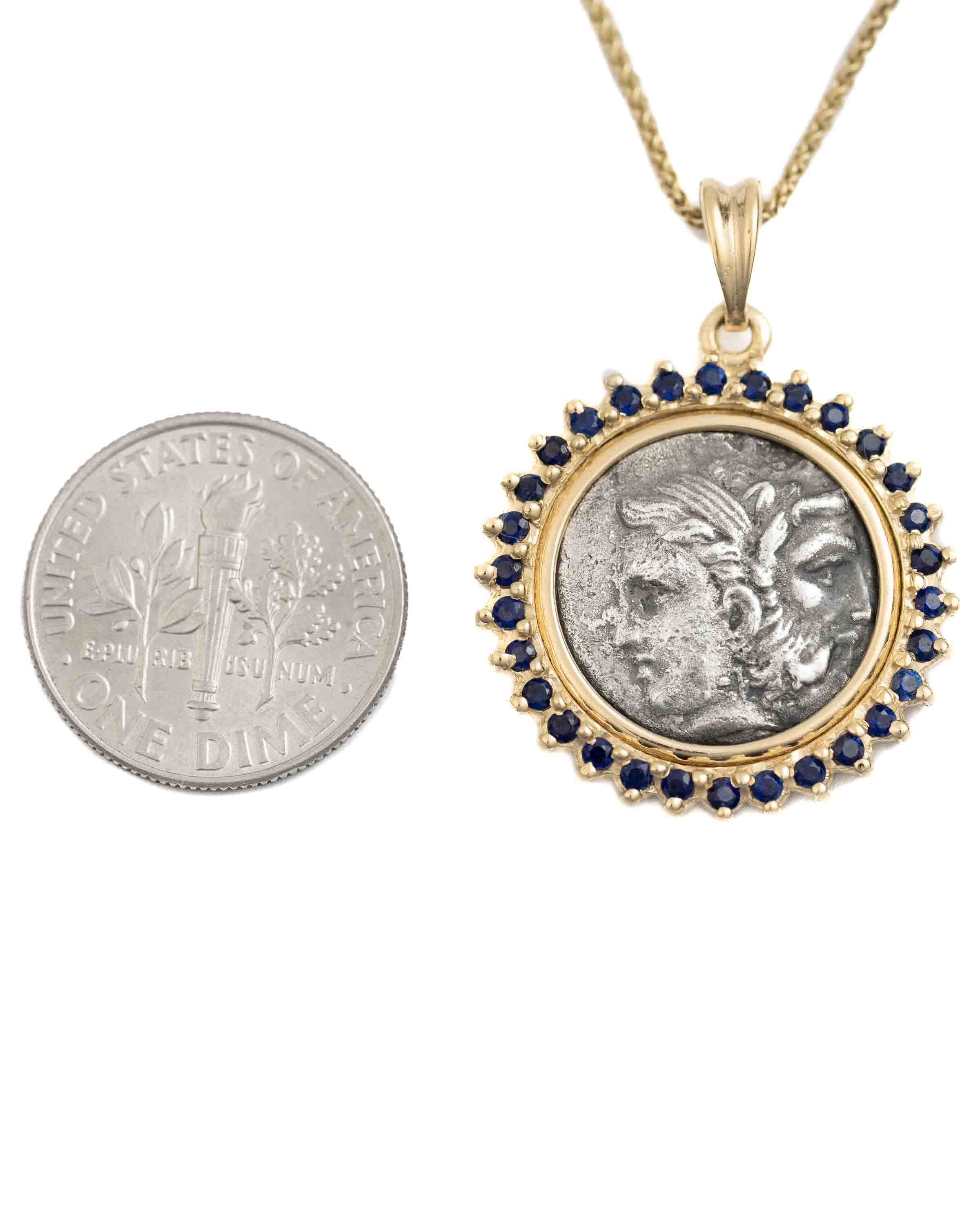 14k Gold & Sapphire Genuine Ancient Greek Coin Necklace (Zeus/Hera; 450-300 B.C.)