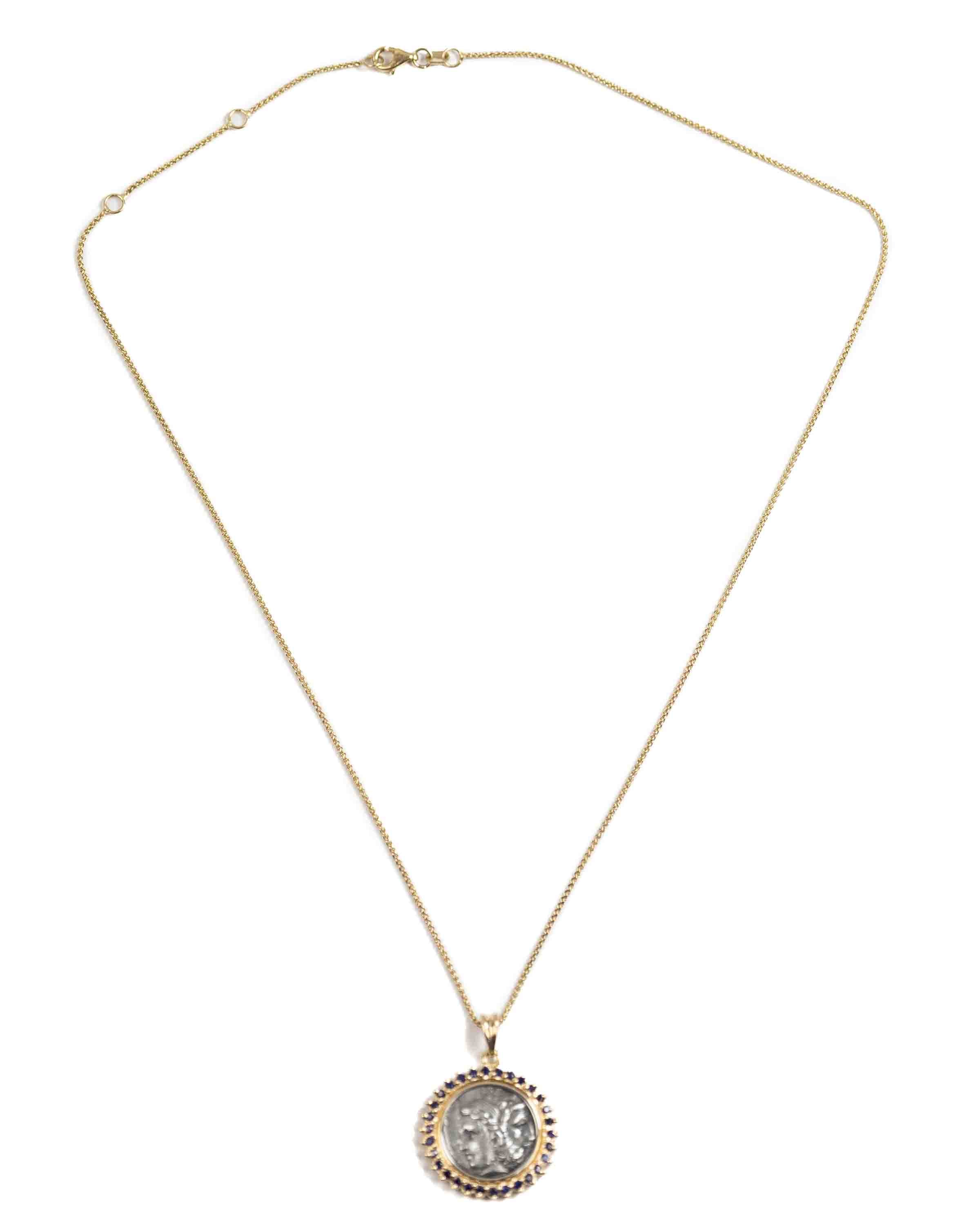 14k Gold & Sapphire Genuine Ancient Greek Coin Necklace (Zeus/Hera; 450-300 B.C.)