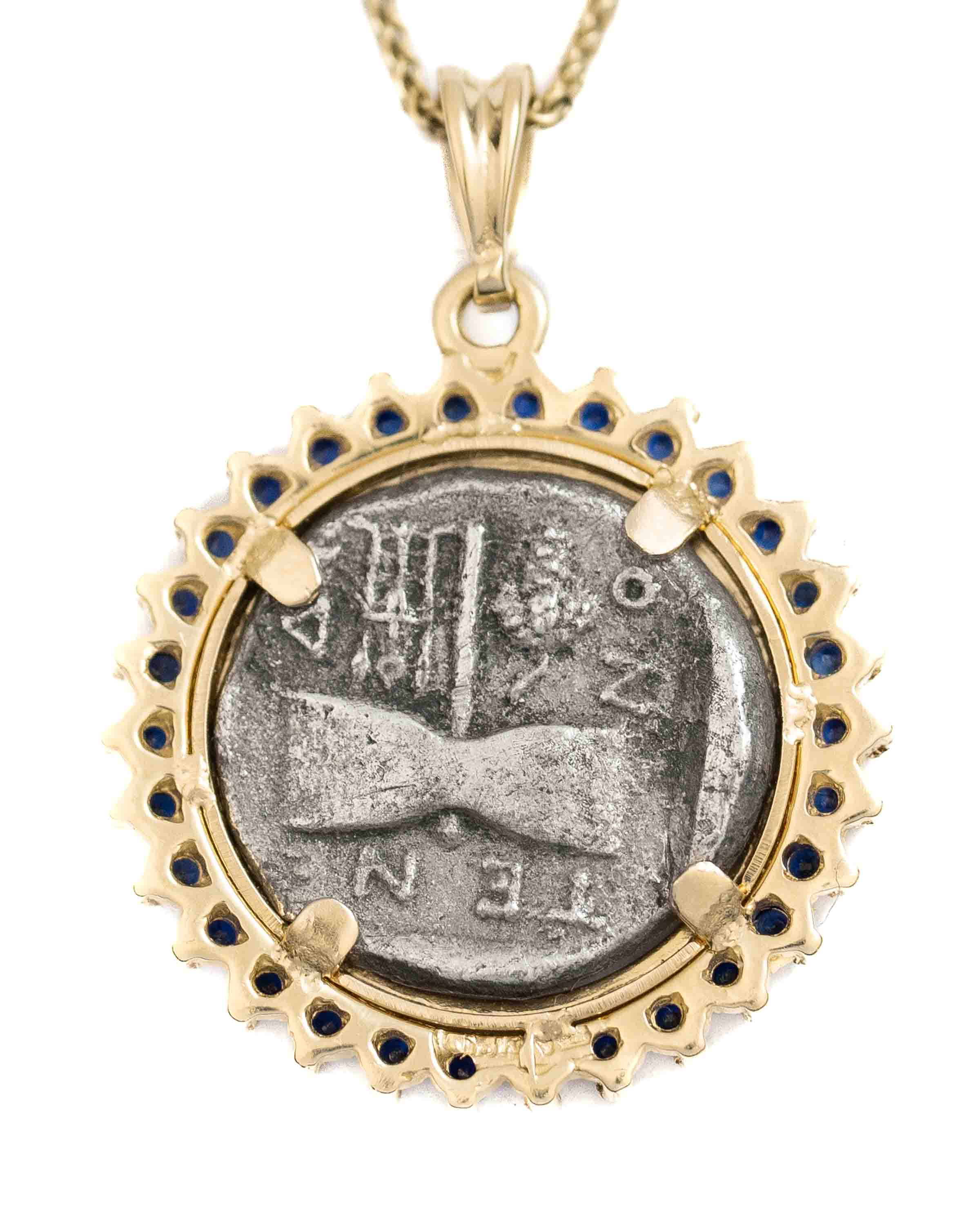 14k Gold & Sapphire Genuine Ancient Greek Coin Necklace (Zeus/Hera; 450-300 B.C.)