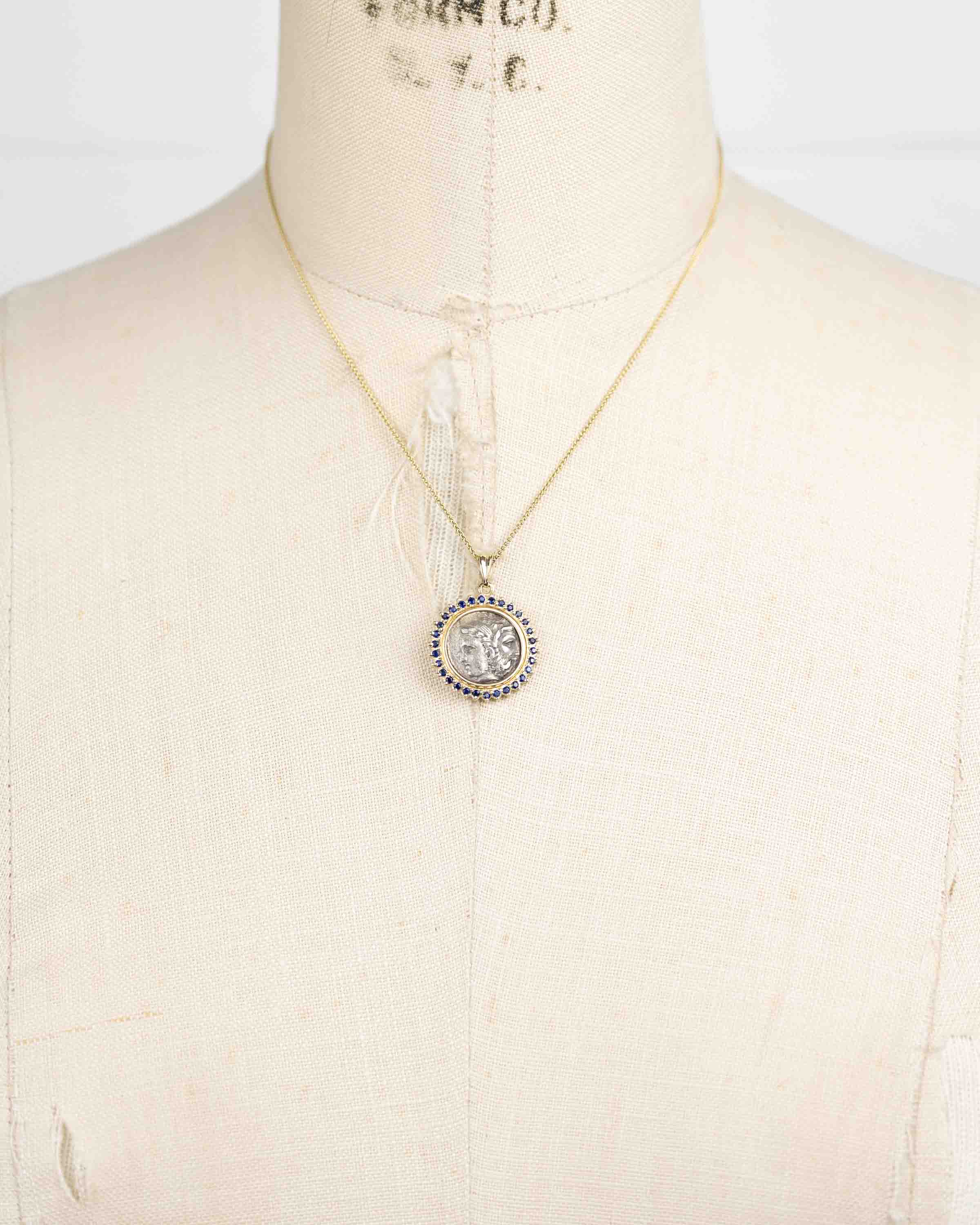 14k Gold & Sapphire Genuine Ancient Greek Coin Necklace (Zeus/Hera; 450-300 B.C.)