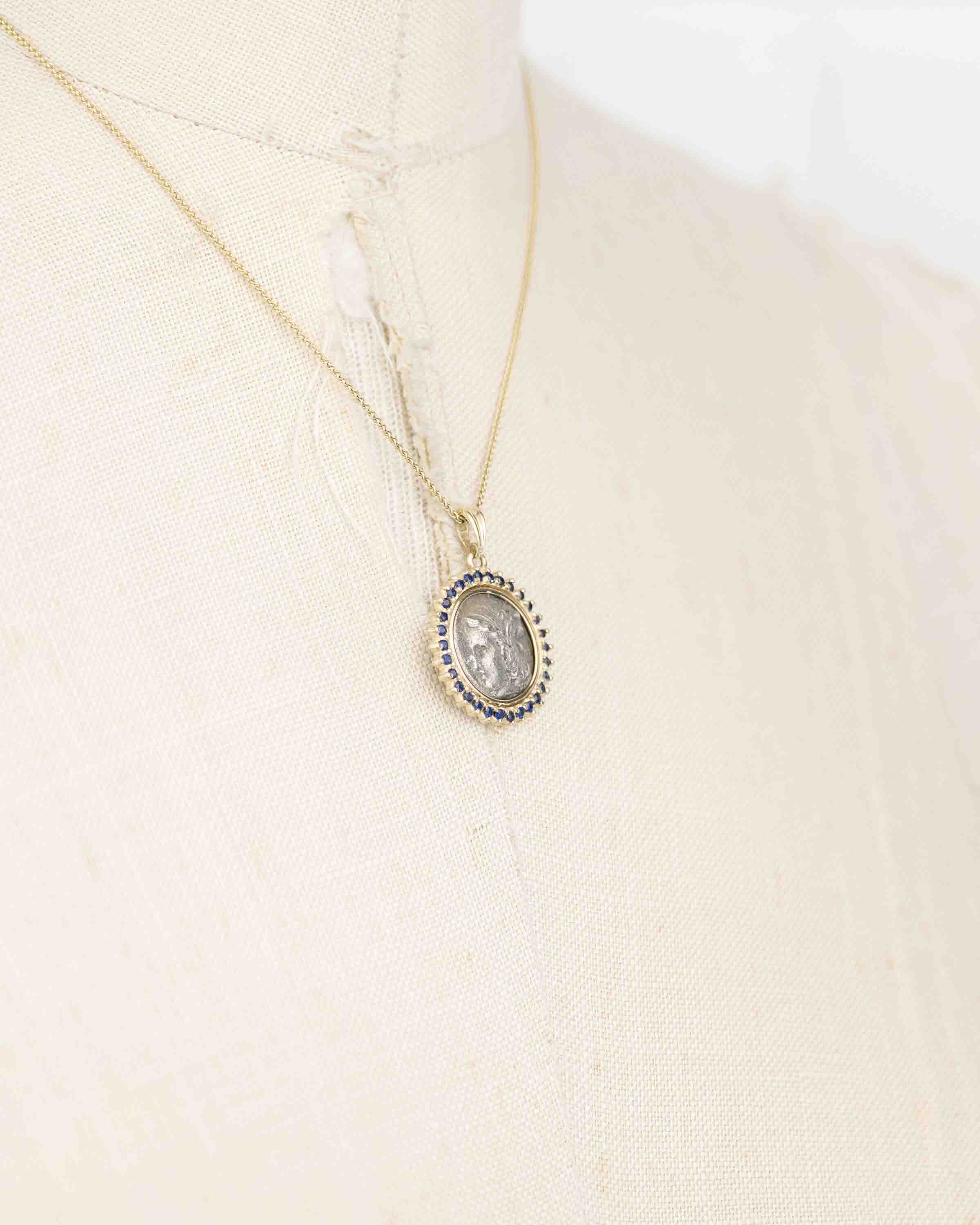 14k Gold & Sapphire Genuine Ancient Greek Coin Necklace (Zeus/Hera; 450-300 B.C.)