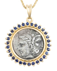 14k Gold & Sapphire Genuine Ancient Greek Coin Necklace (Zeus/Hera; 450-300 B.C.)