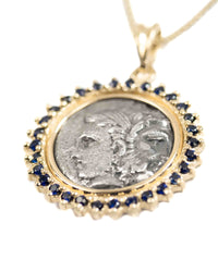 14k Gold & Sapphire Genuine Ancient Greek Coin Necklace (Zeus/Hera; 450-300 B.C.)